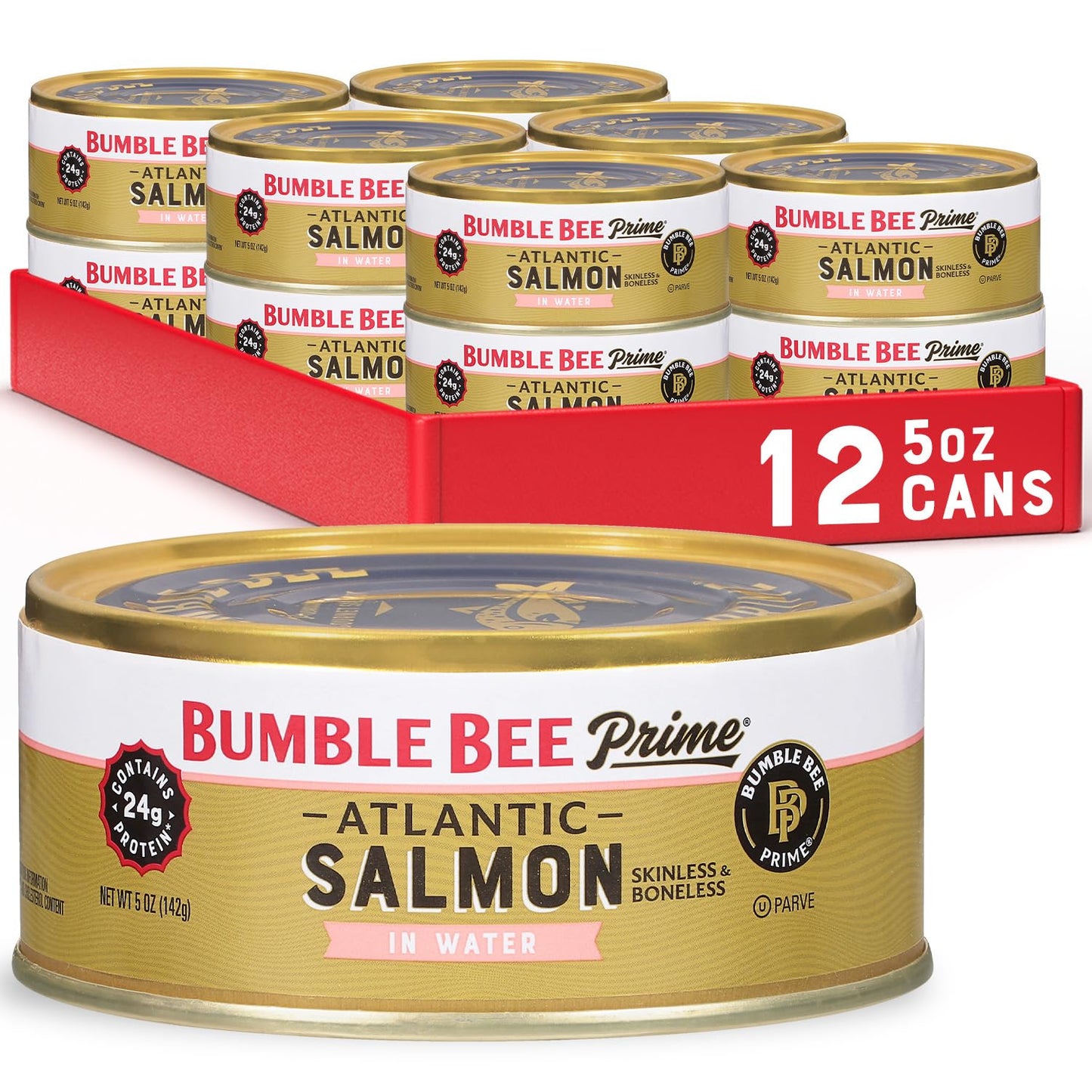 Bumble Bee Prime Atlantic Salmon, 5 Oz Cans (Pack Of 12) - Premium Salmon - 23G Protein Per Serving - Gluten Free & Kosher