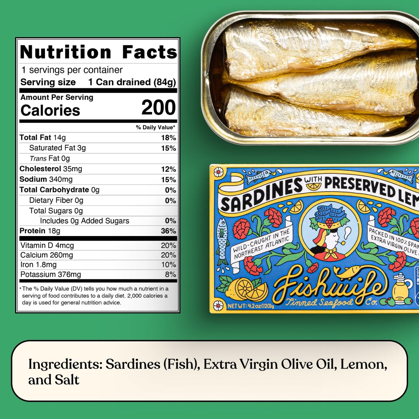 Fishwife Sardines With Preserved Lemon 3-Pack (4.20 Ounce) | Wild-Caught & Hand-Packed With Spanish Extra Virgin Olive Oil | Msc