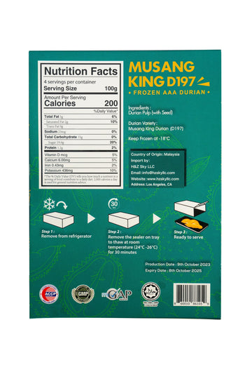 2024 One Tattoo World D197 Musang King Durian Grade AAA, Fresh Frozen Pulp, 6 Pack, 2.4kg (5.29lbs), Direct from Malaysia