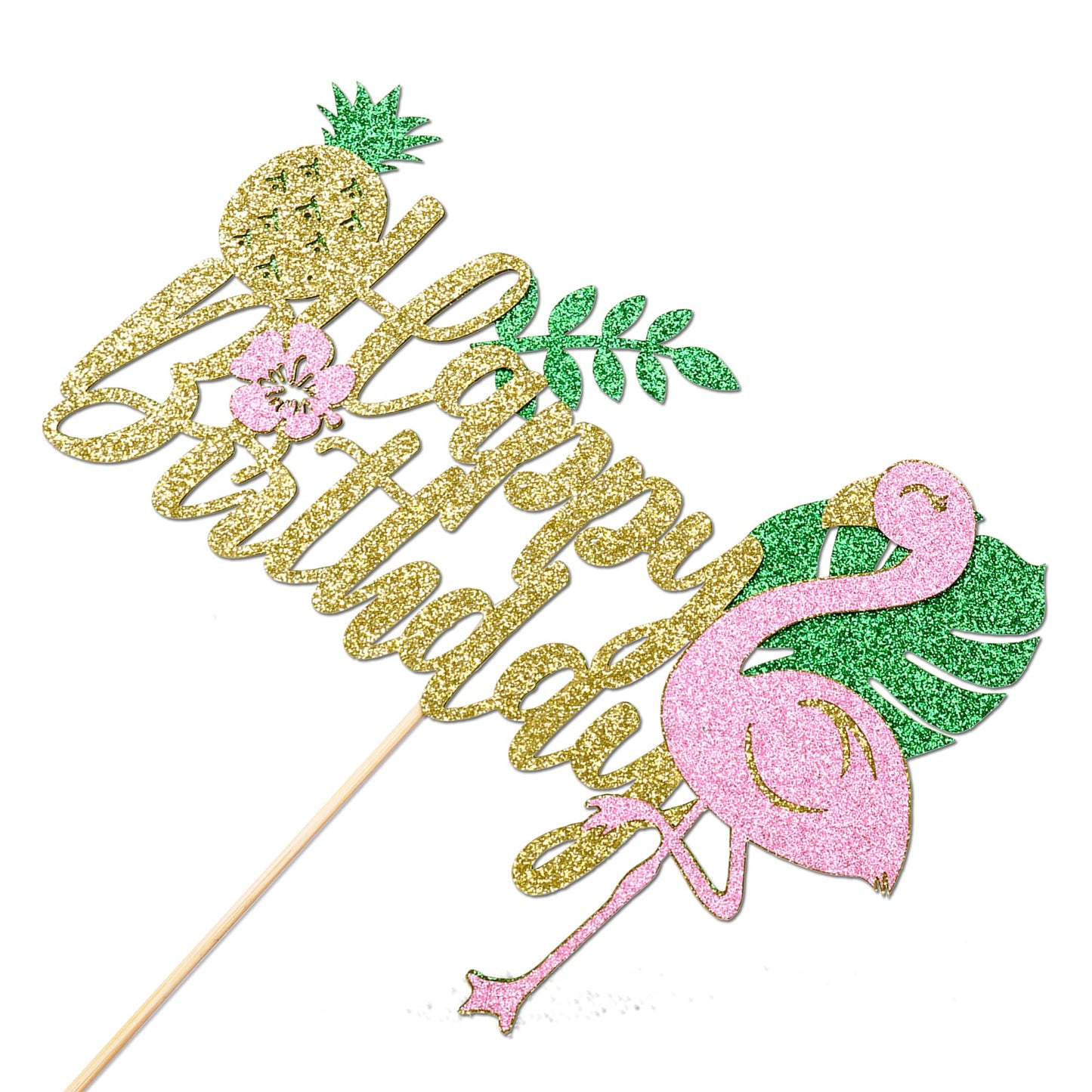 Trelsan Golden Glitter Happy Birthday Cake Topper, Flamingo Palm Leaf Pineapple Cake Topper, Hawaii Theme Birthday Party Supplie