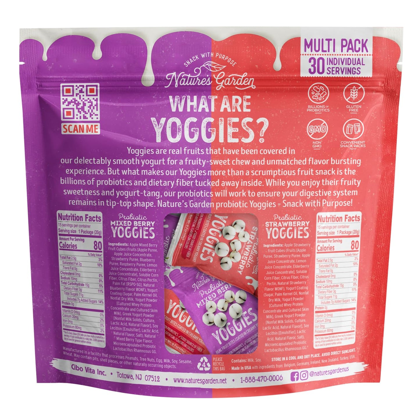 Nature'S Garden Probiotic Variety Pack Yoggies 21Oz (30 X 0.7Oz) Pack Of 2 (Strawberry Yoggies 15X0.7 Oz +Mixed Berry Yoggies 15