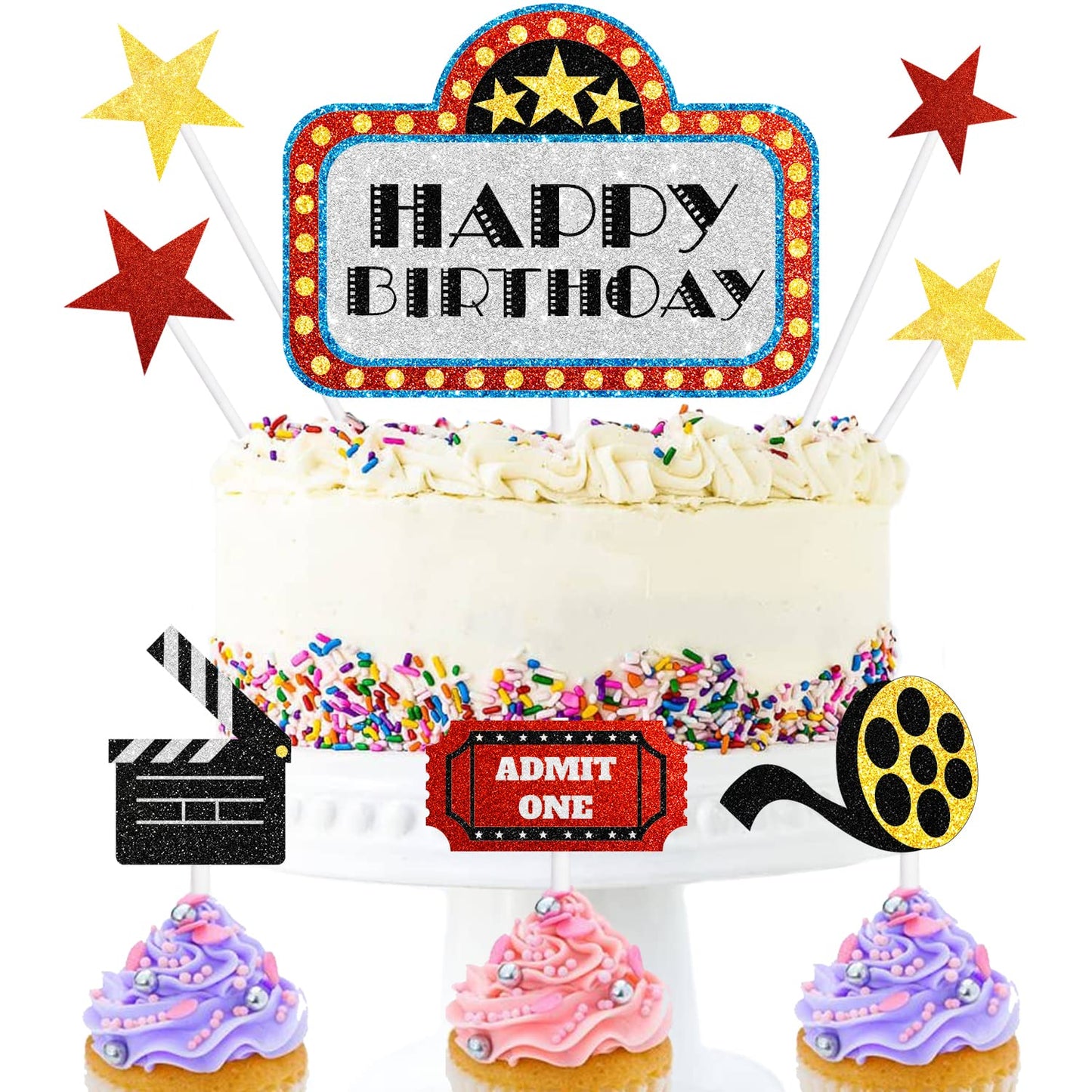 Movie Night Birthday Cake Topper - Movie Theme Roll Hollywood Cinema Ticket Happy Birthday Party Decorations - One Cake Topper A