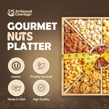 Gourmet Mixed Nuts Gift Basket In Sleek Bamboo Wood Reusable Platter | Xl 2 Lb Platter Includes 9 Assortments Of Enhanced Nuts, Kosher