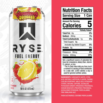 RYSE Fuel Energy Drink - Strawberry Squeeze - Sugar Free & Vegan - 200mg Caffeine - 16 Fl Oz Cans (12-Pack)