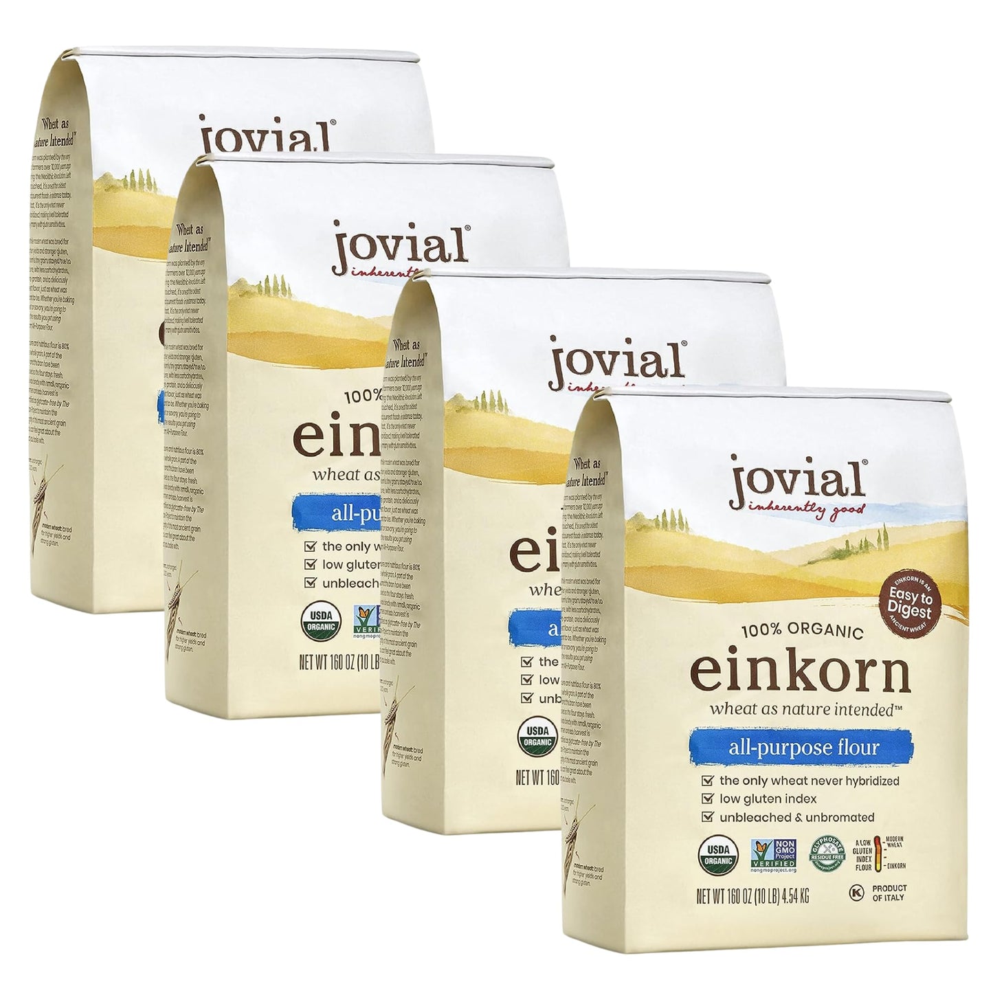 Jovial Organic Einkorn Unbleached All Purpose Flour - Bread Baking Flour For Sourdough, High Protein, Non-Gmo, Organic Pizza & Pasta Flour, European Italian Flour, Glyphosate Free - 32 Oz, 4 Pack
