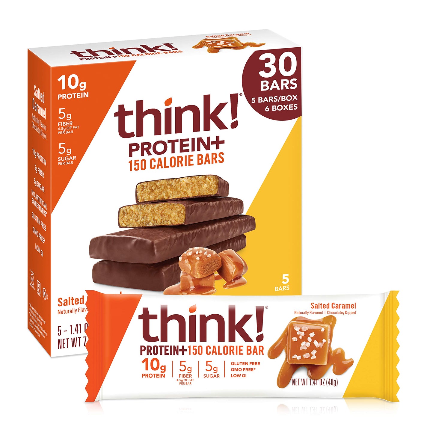 think! Protein Bars with Chicory Root for Fiber, Digestive Support, Gluten Free with Whey Protein Isolate, Salted Caramel, Snack