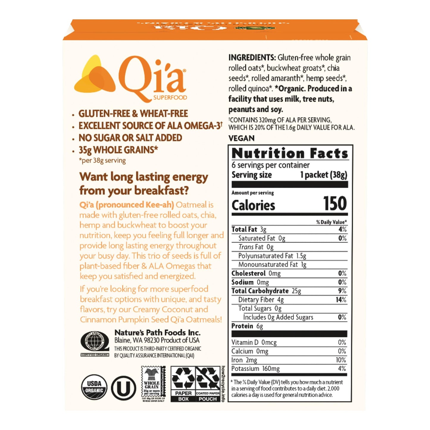 Qia Superfood Organic Gluten Free Superseeds and Grains Instant Oatmeal, 24 Packets, Non-GMO, 35g Whole Grains, 6g Plant Based