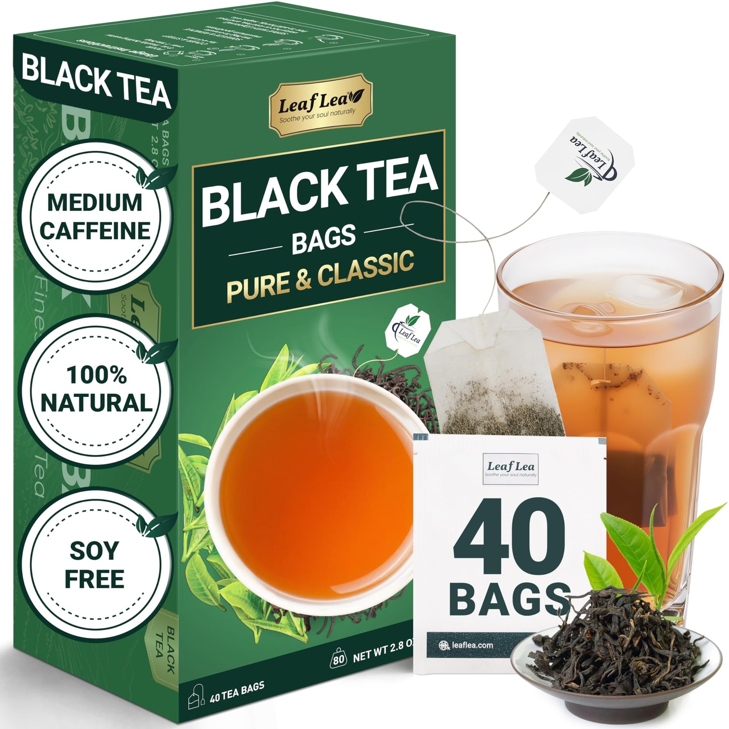 Leaflea 40 Black Tea Bags Top-Grade Full-Bodied Black Tea Leaves Strong Robust And Flavoury Digestive Ease & Natural Alertness With Energy Blend Sugar-Free Vegan Individually Wrapped