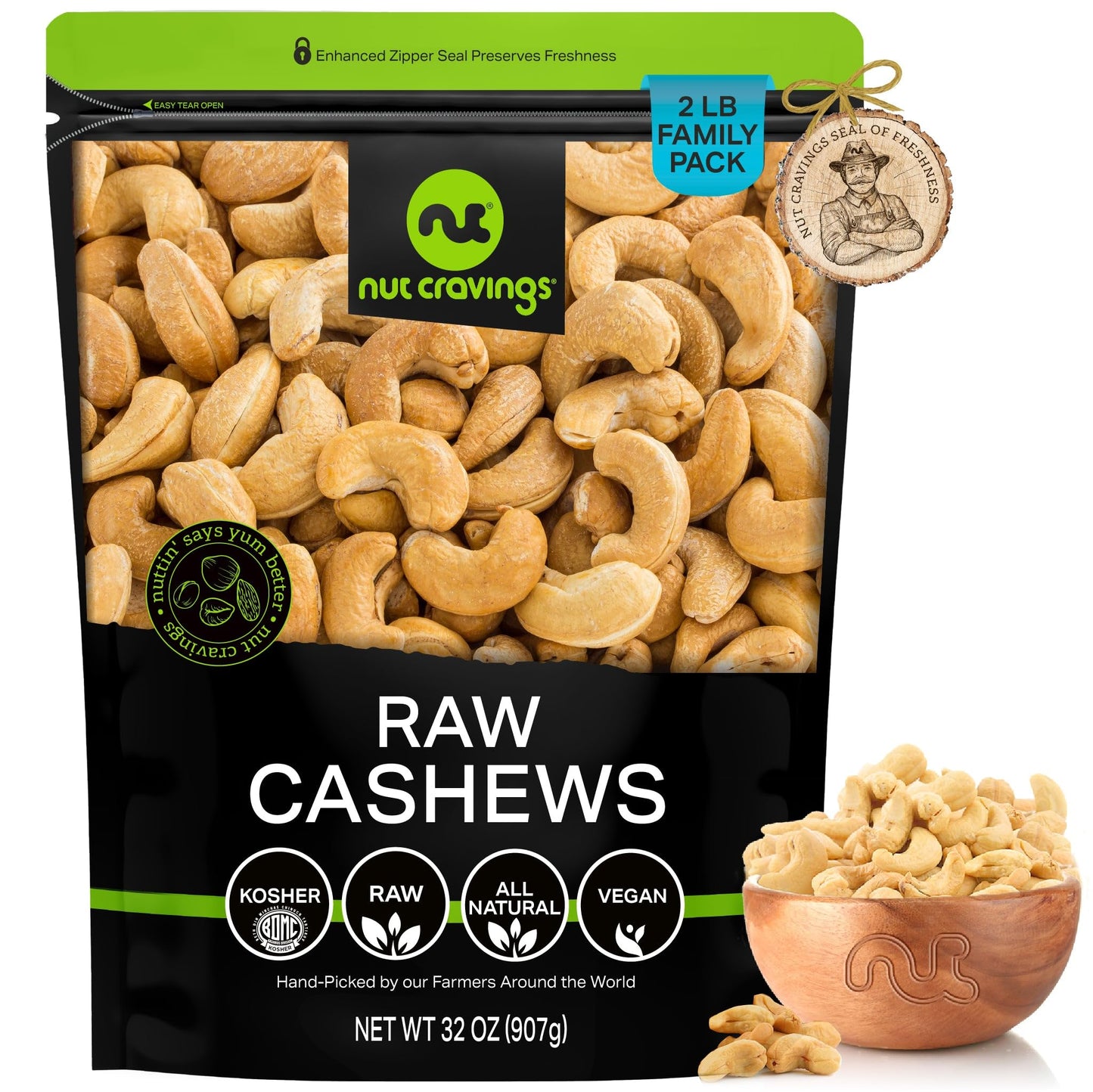 Nut Cravings - Raw Whole Cashews, Unsalted, Shelled, (32Oz - 2 Lb) Bulk Nuts Packed Fresh In Resealable Bag - Kosher Healthy Sna