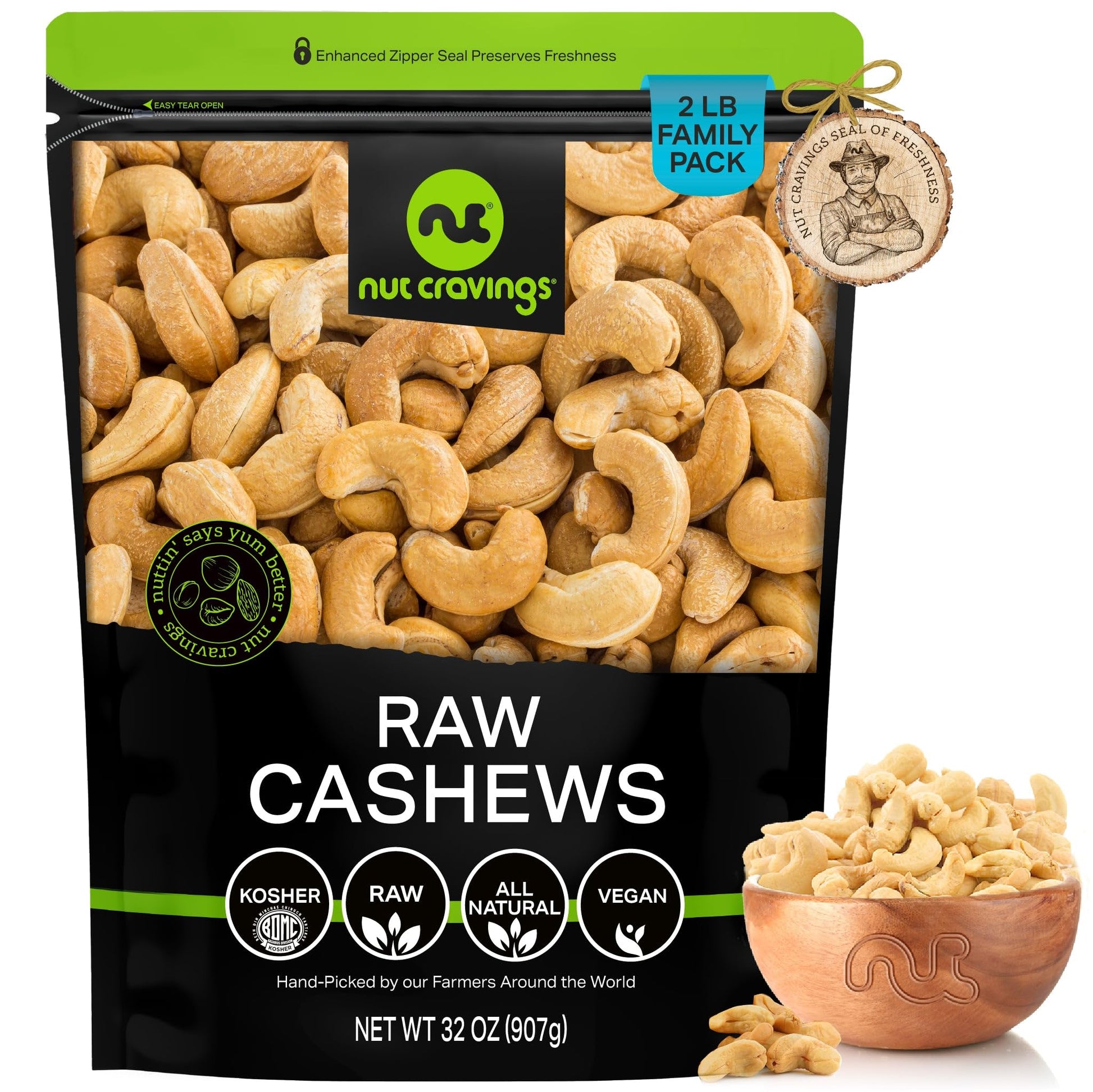 Nut Cravings - Raw Whole Cashews, Unsalted, Shelled, (32Oz - 2 Lb) Bulk Nuts Packed Fresh In Resealable Bag - Kosher Healthy Sna