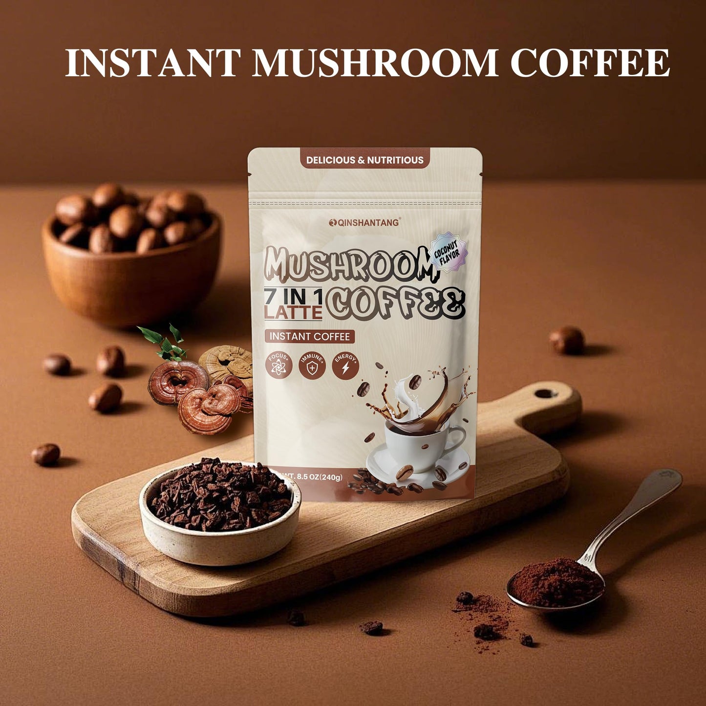 Mushroom Coffee with Coconut Creamer, 7 Mushroom and Ceylon Cinnamon Powder, Latte Mix | Lions Mane & Reishi for Immunity & Ene