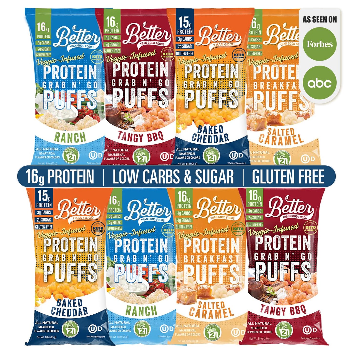 Playter Than Good 8 Packs Keto Gluten-Free Protein Puffs - Paleo Low Sugar Low Calorie Diaplayic Friendly Snacks | Veggie Infused Protein Breakfast Puffs (Savory Puffs)