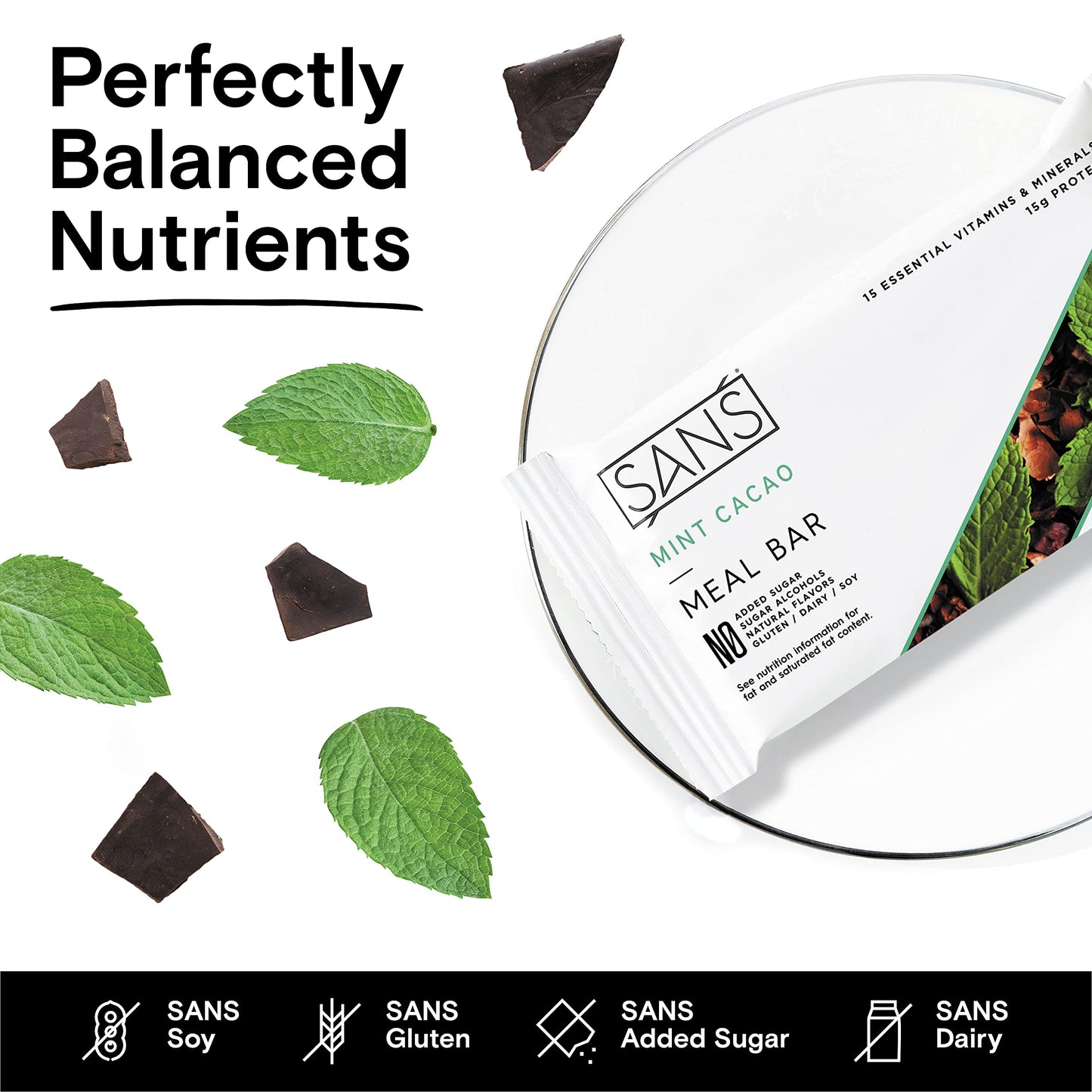 Sans Meal Replacement Protein Bar, Gluten Free, Healthy High Protein Snacks, High Fiber, No Sugar Added, Dairy Free, Soy Free, Mint Cacao, 12 Bars