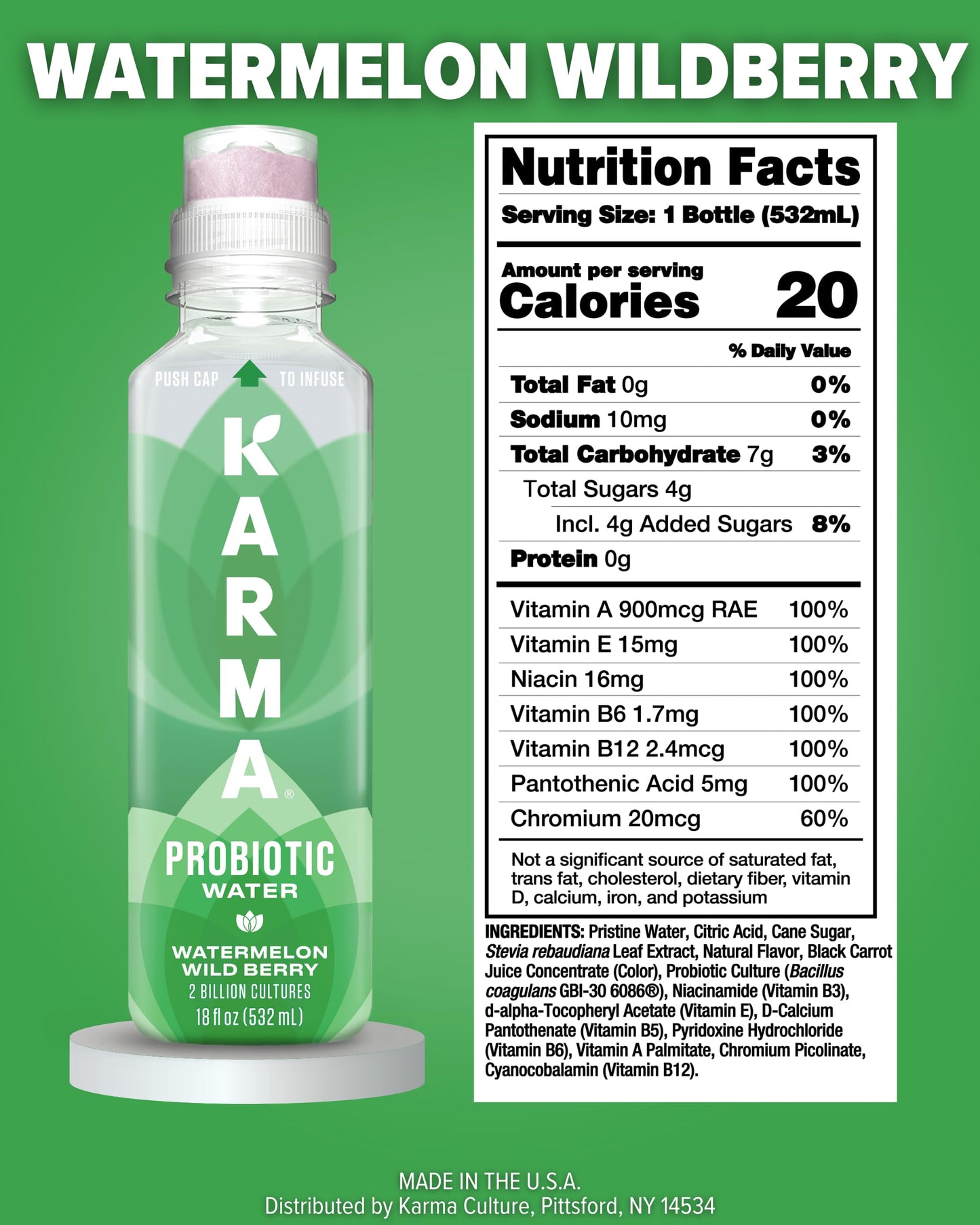 Karma Probiotic Water - 12 Pack, Watermelon Wild Berry Drink - Immune & Gut Health Support