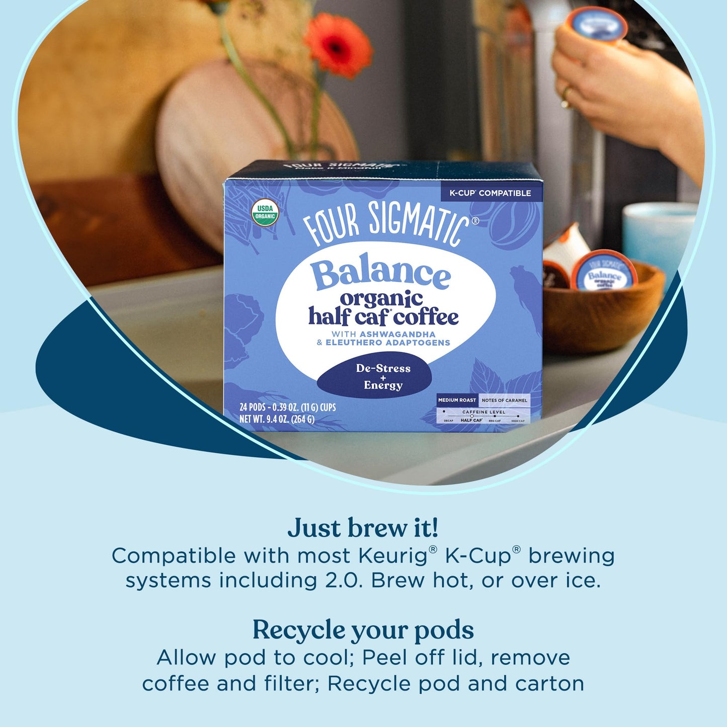 Four Sigmatic Adaptogen Coffee K-Cups | Organic Medium Roast Ground Coffee With Ashwagandha, Eleuthero, Chaga & Tulsi | Fair Tra