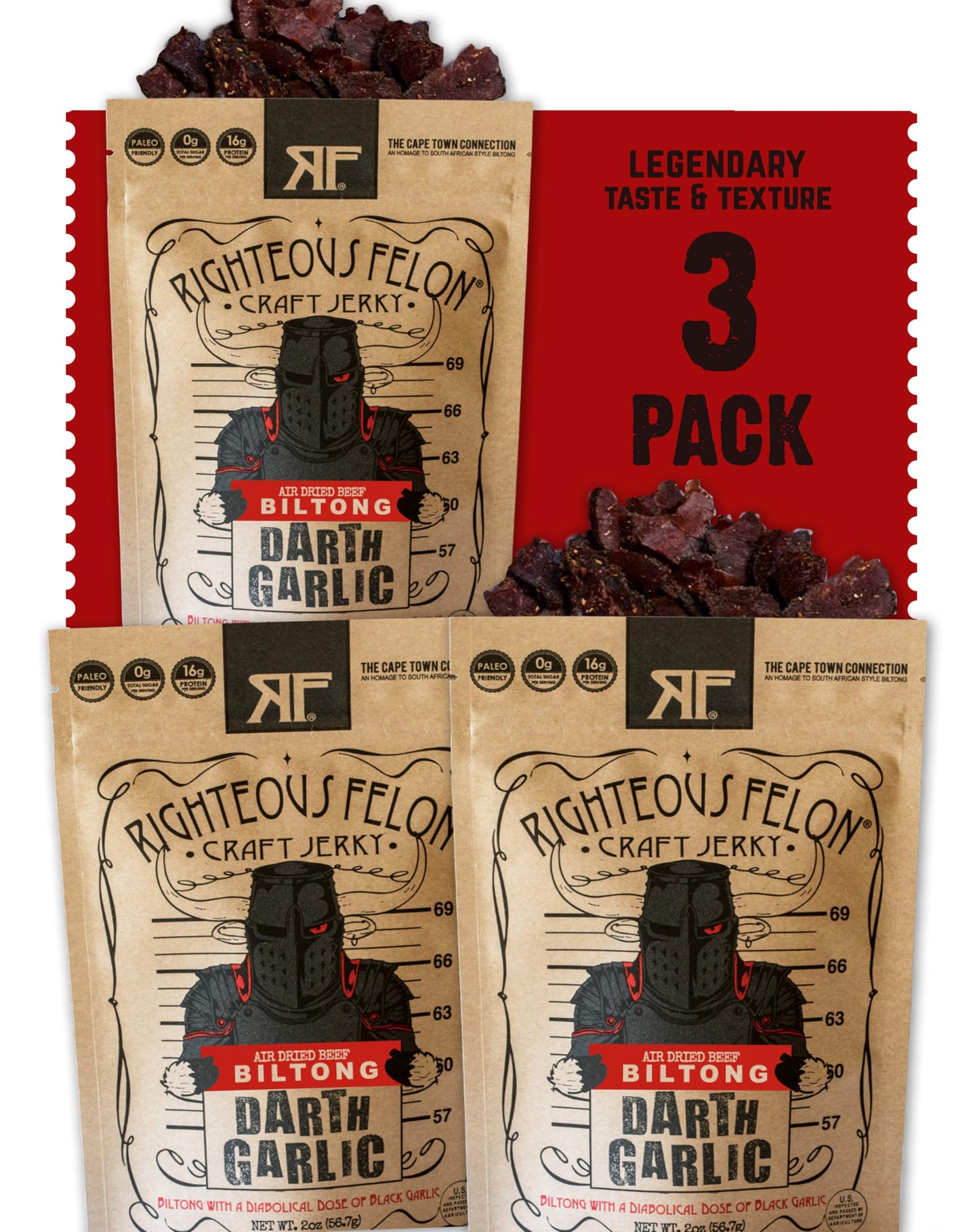 Righteous Felon Air Dried Biltong Beef Snack | Keto And Paleo | Gluten Free + High Protein | Body Support Free All Natural Biltong With No Artificial Flavors Medical Supports Or Preservatives - 3 Pack