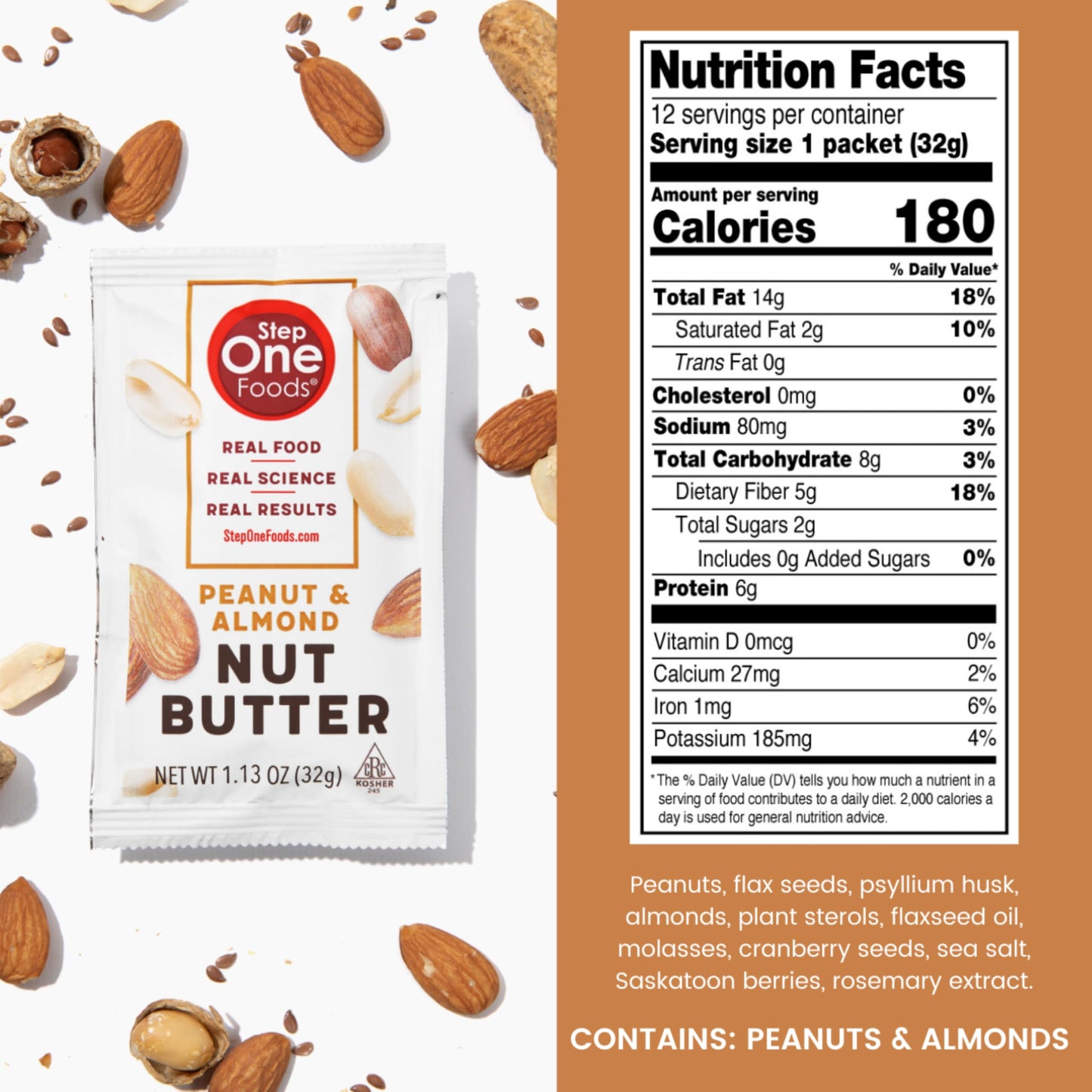 Step One Foods, Peanut & Almond Nut Butter, Spreadable Squeeze Packets, Gluten Free, Non-Gmo, Clinically Proven To Help Lower Ch