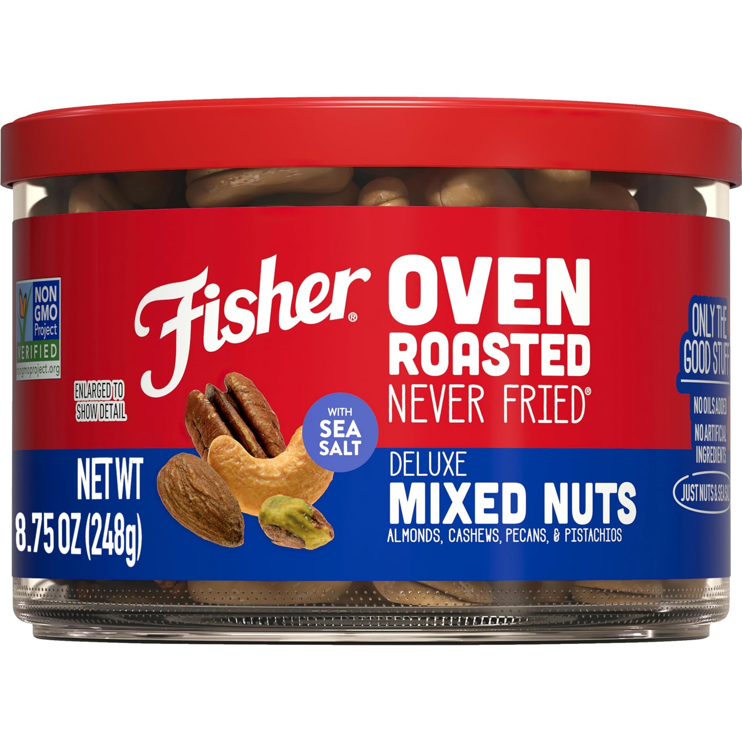 Fisher Snack Oven Roasted Never Fried, Almonds, Cashews, Pecans, Pistachios, Made with Sea Salt, Deluxe Mixed Nuts, 8.75 Oz