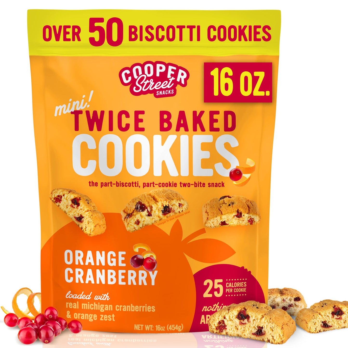 Cooper Street Twice-Baked Orange Cranberry Biscotti Cookies (16 oz) - Over 50 Biscotti per Bag Loaded with Real Fruit Traditional Italian Snacks with Coffee or Tea - Dairy Peanut & Soy Free Kosher