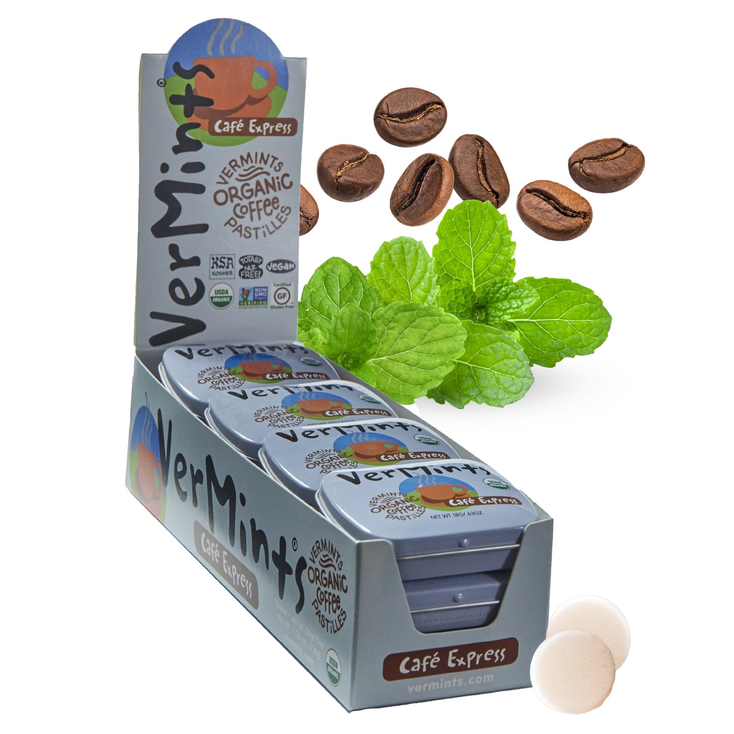 VerMints Organic Breath Mints Caf Express - Real Ingredients, Lasting Coffee Flavor - Travel Size Tins - Non-GMO, Nut Free, Gl