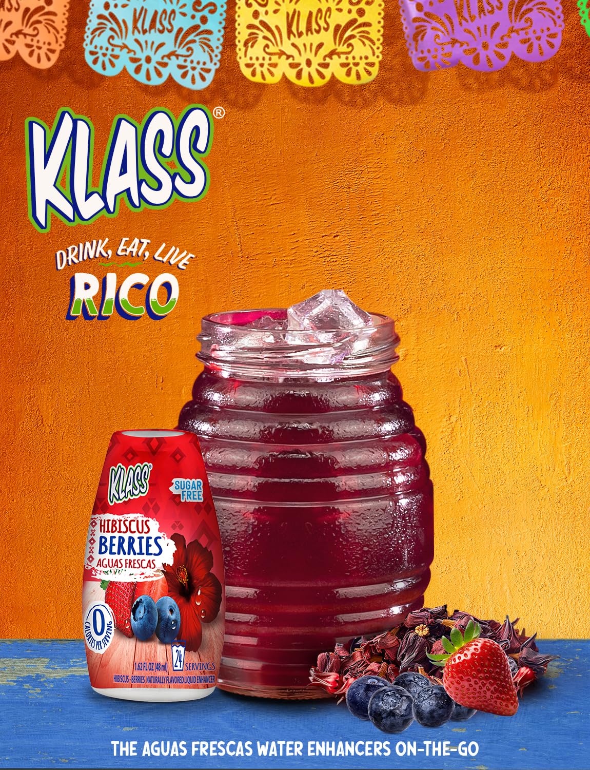 Klass Aguas Frescas Liquid Water Enhancer Sugar-Free Naturally Flavored Hubiscus-Berries, Keto Friendly |1.62 Oz Pack of 4 (Make