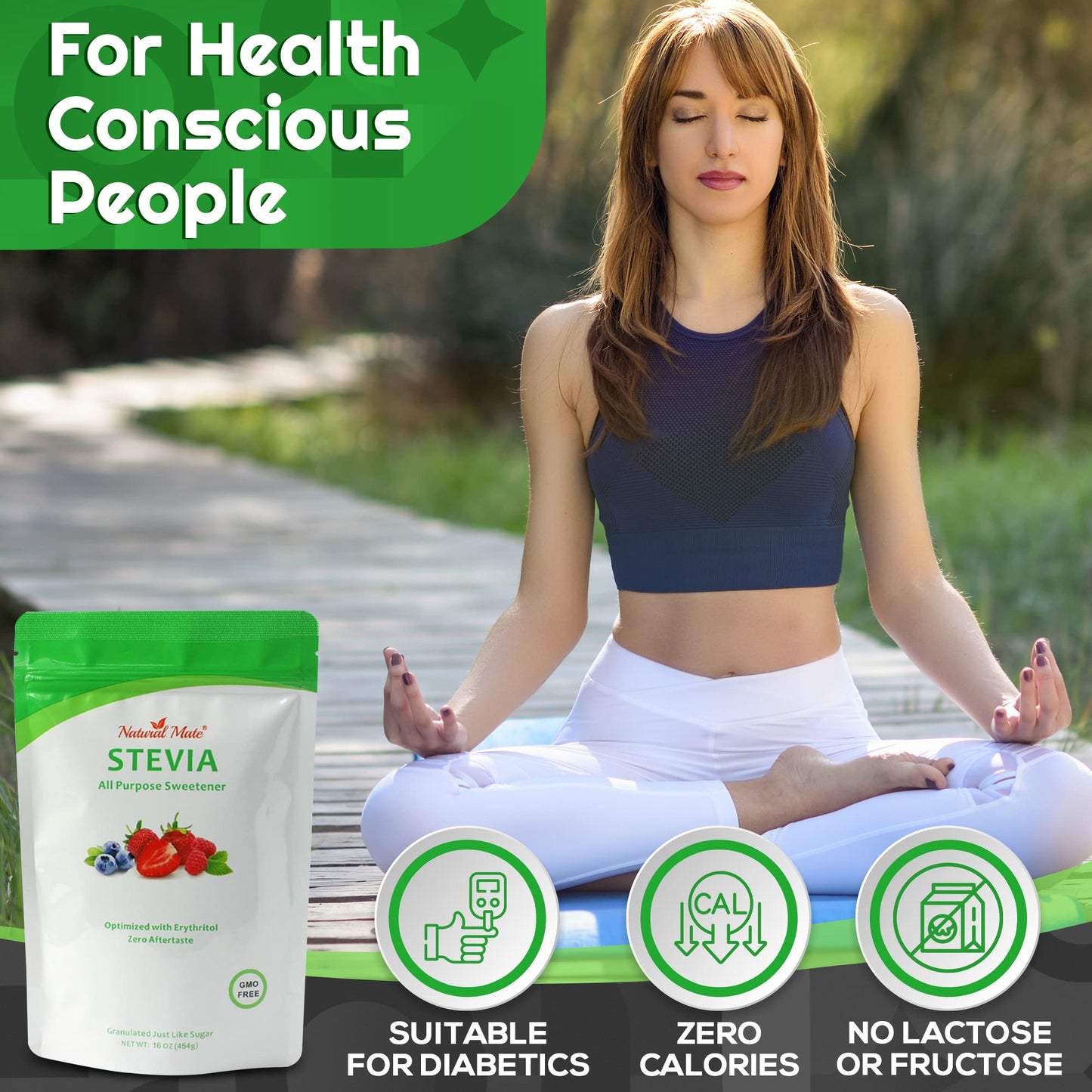 Natural Mate Zero Calorie Sweetener - Organic Stevia Granular Powder Blended With Erythritol - 2:1 Sugar Replacement For Keto, P