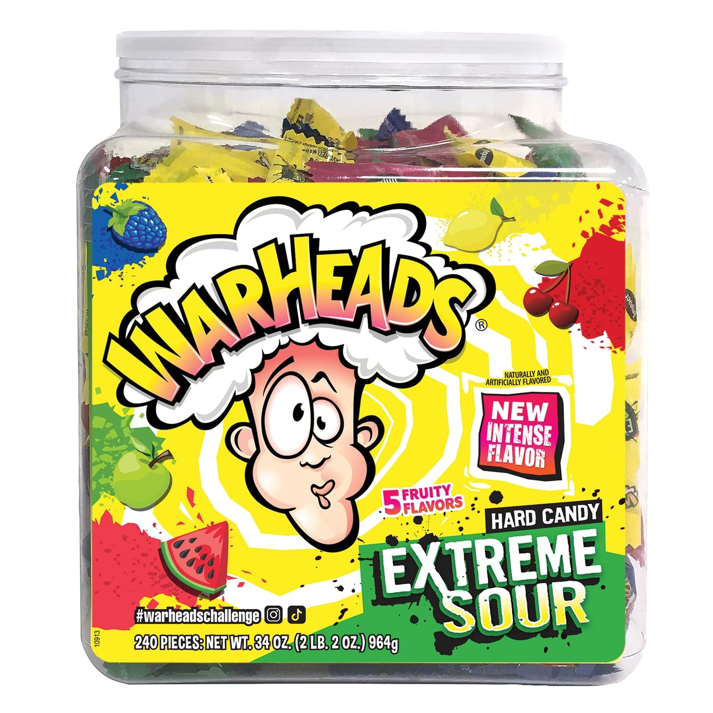 Warheads - Extreme Sour Hard Candy - Sour Apple, Black Cherry, Blue Raspberry, Lemon & Watermelon Flavors - 34 Oz. Tub With 240