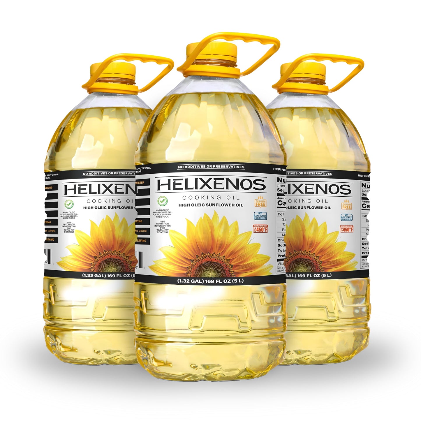 Helixenos High Oleic Sunflower Oil - Refined Deodorized & Winterized Non-Gmo Gluten-Free Heart-Healthy Cooking Oil For Frying Baking Salad Dressing & Skincare (169 Fl Oz X3)