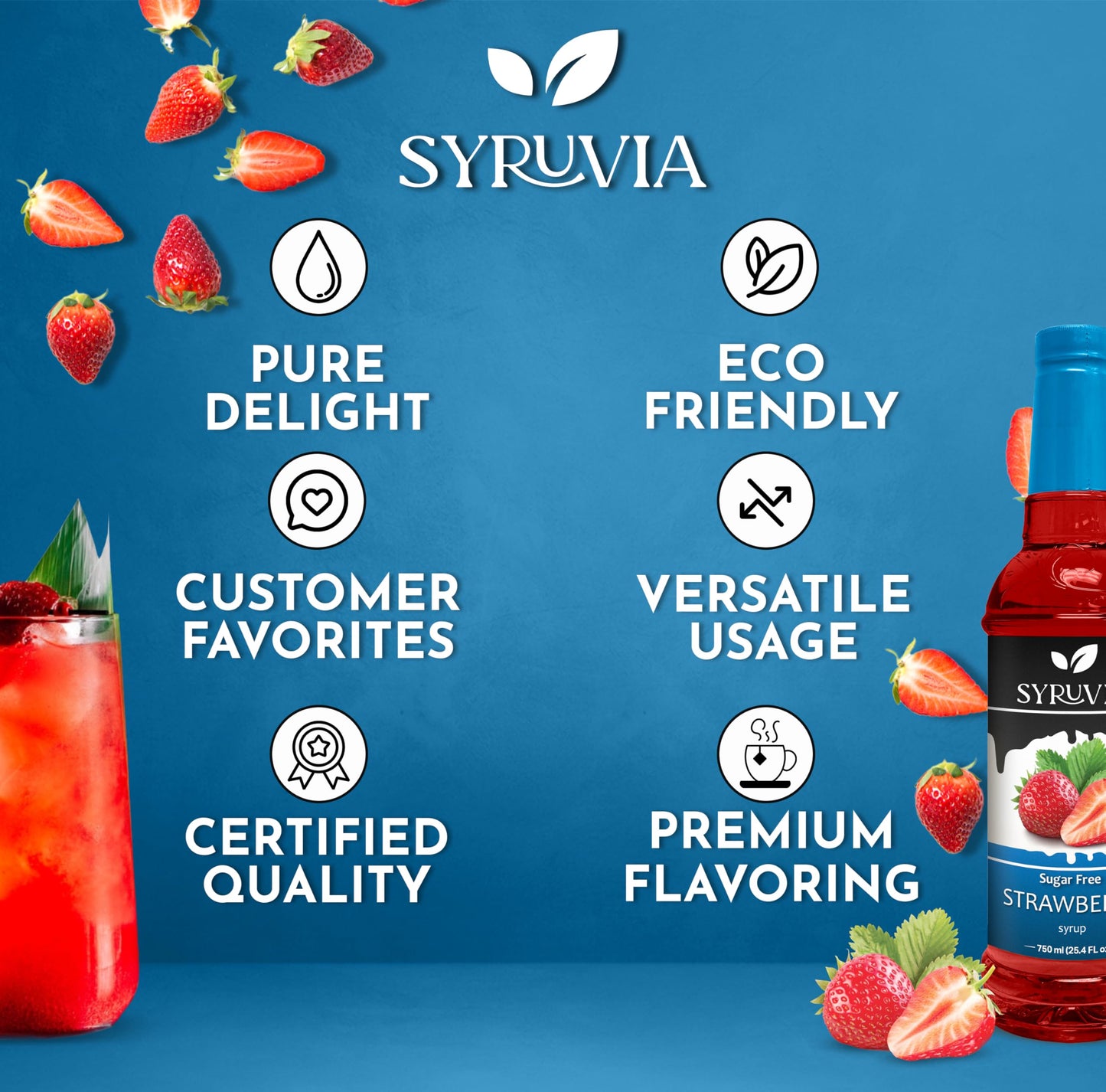 Syruvia Sugar Free Strawberry Syrup With Syrup Pump Dispenser - Strawberry Syrup Flavor, 25.4 Fl Oz - Perfect For Cocktails, Ice