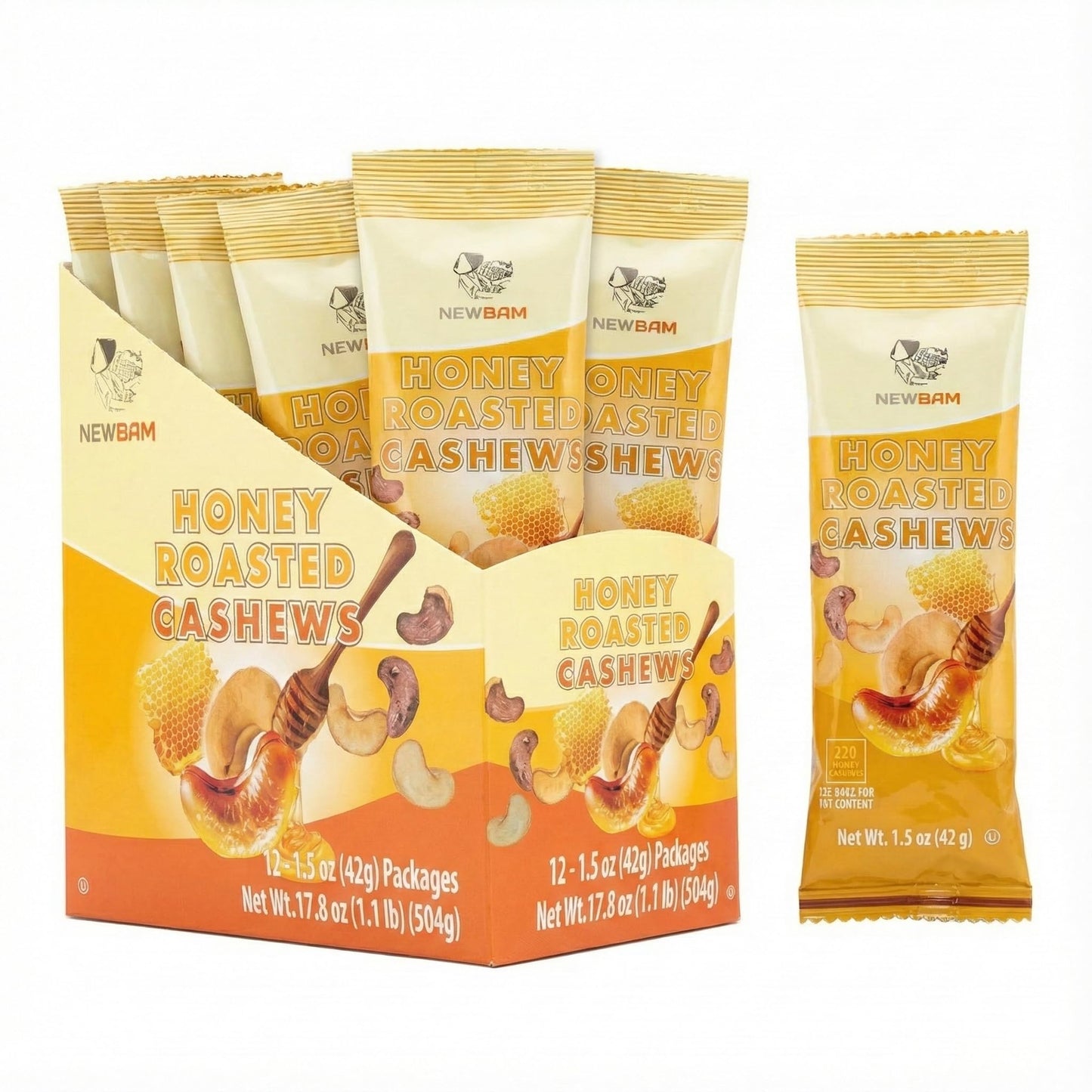 Newbam Honey Roasted Cashews - 12 Individual Snack Packs (1.5Oz Each) - Sweet Crunchy Nuts Healthy On-The-Go Protein Snack - Gluten-Free Made In Vietnam