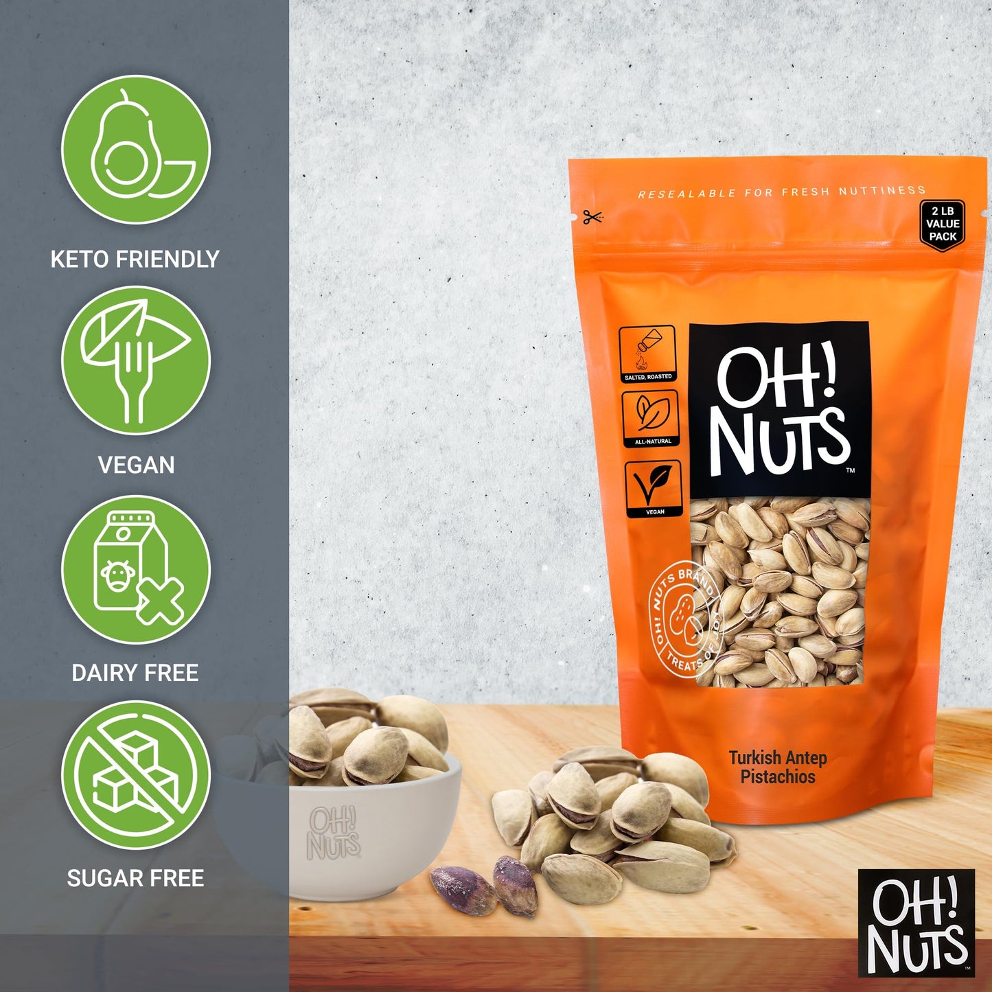 Oh! Nuts 2 LB Specialty Pistachios Finely Salted | Imported Turkish Antep Pistachios Roasted and Lightly Salted (Package May Var