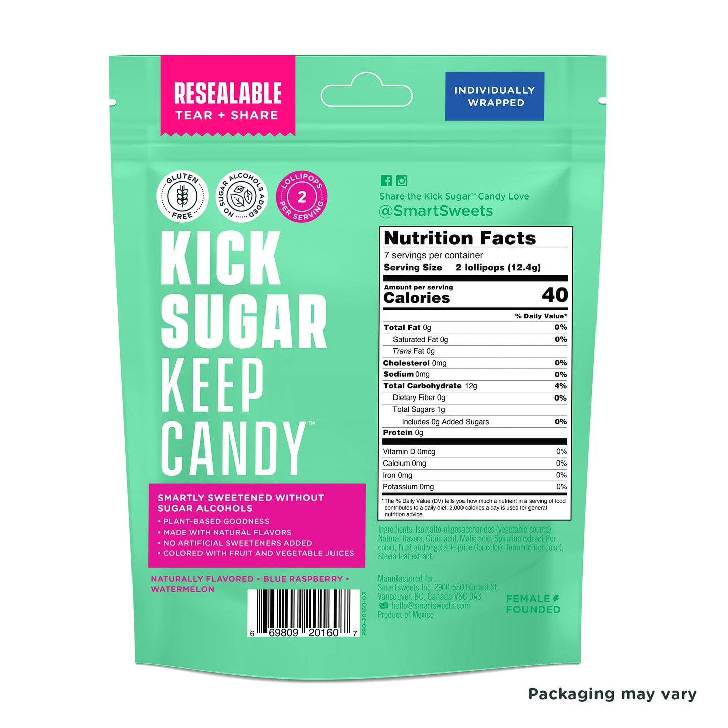 SmartSweets Blue Raspberry & Watermelon Lollipops, 3oz Hard Candy, Low Sugar (1g), Low Calorie (40), Gluten-Free, Plant-Based