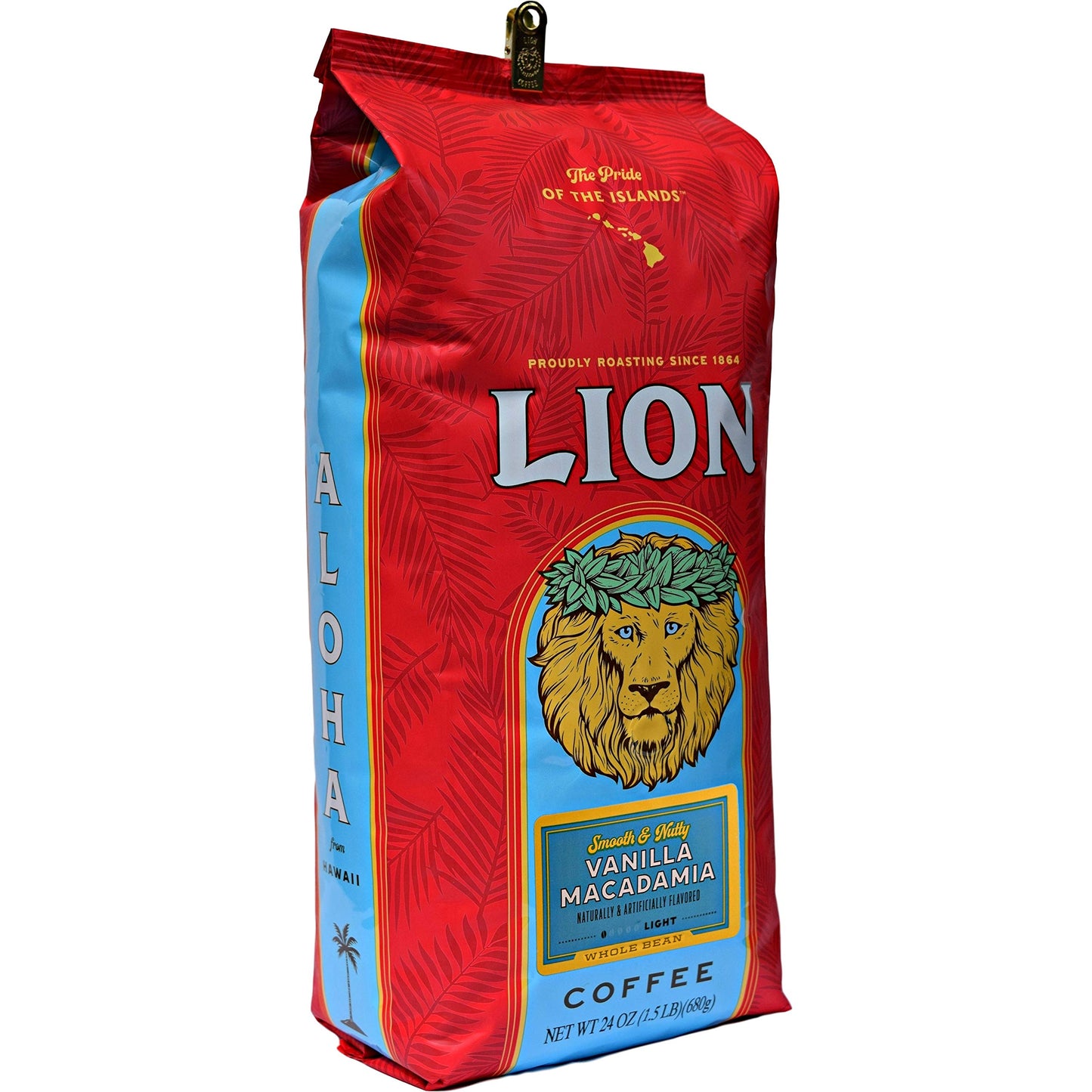 Lion Coffee, Arabica Coffee Beans, Light Roast Whole Bean Coffee, Vanilla Macadamia Flavor, A Taste Of Aloha, 24 Ounce Bag