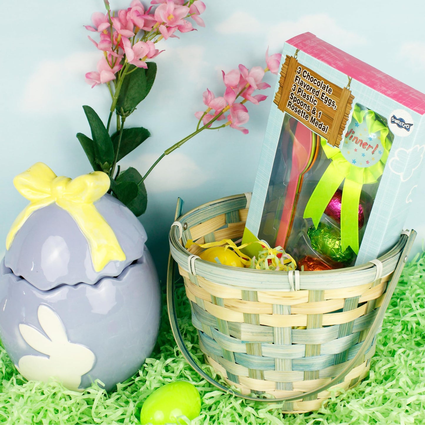 Easter Basket Stuffer Kit For Girls, Dessert-Themed Candy Eggs, Chocolate Tubes, Gummy Chicks, Edible Grass, And Egg Spoon Race