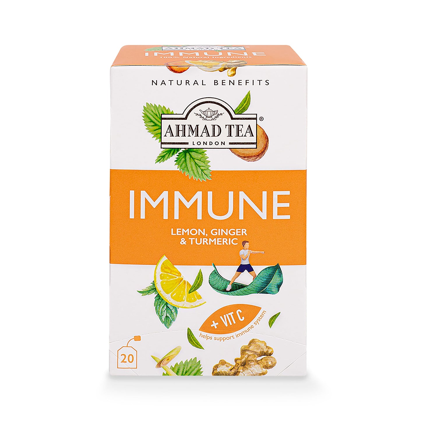 Ahmad Tea Herbal Tea, Lemon, Ginger, Turmeric, & Vitamin C Immune Natural Benefits Teabags, 20 ct (Pack of 1) - Decaffeinated