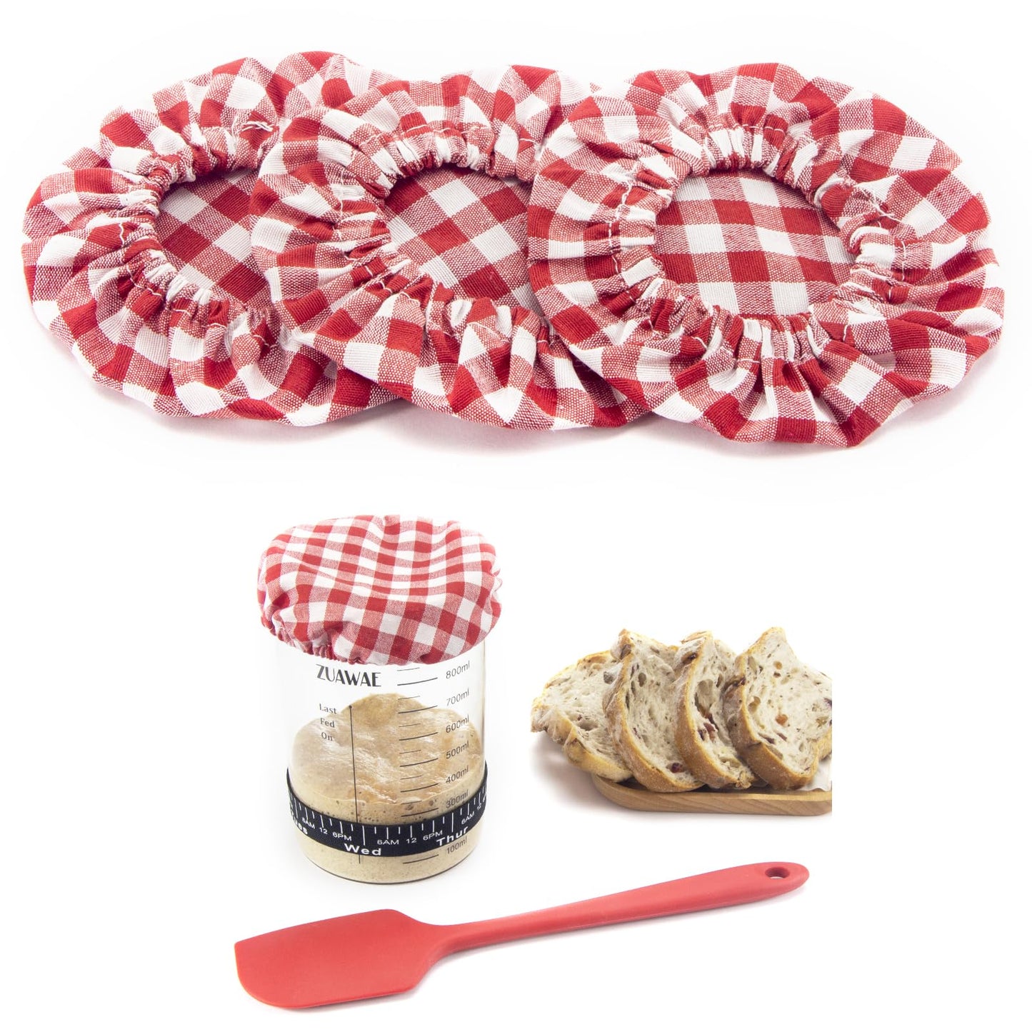 Zuawae Sourdough Jar Cover Reusable Sourdough Cloth Cover 3Pc Handmade Cotton Cloth Covers For Sourdough Starter Jar Sourdough Bread Baking Supplies Fit Jars Mouth From 3-4 Inch (Red Plaid)