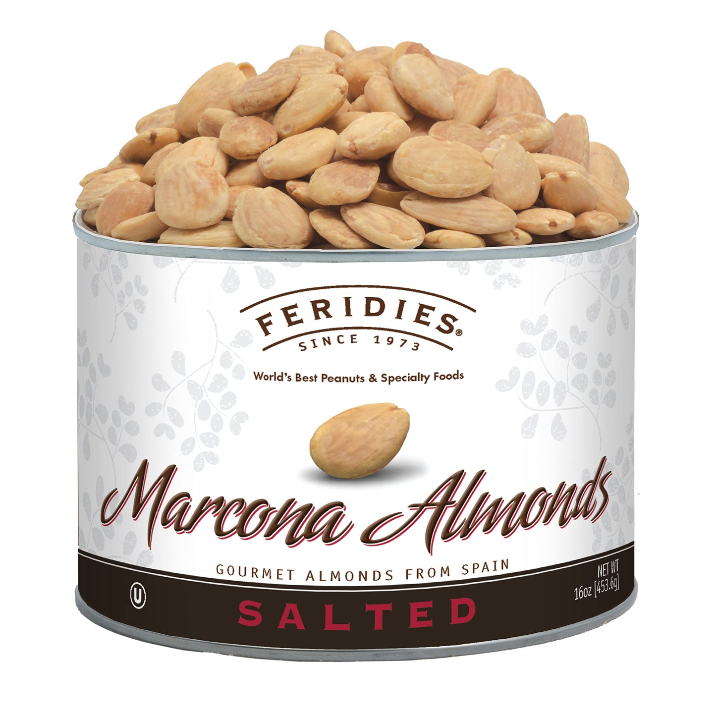 Feridies Salted Spanish Marcona Almonds Top-Grade Roasted Almonds With Sea Salt 16 Oz Resealable Can