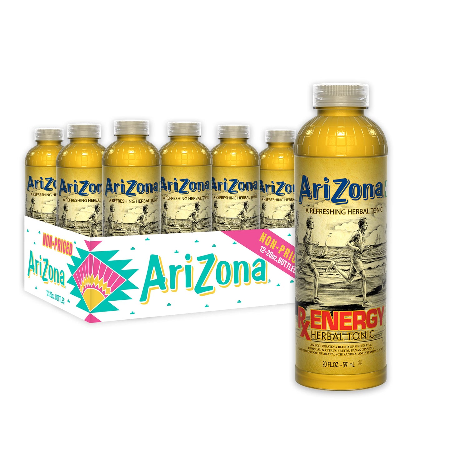 AriZona Rx Energy Herbal Tonic, 20 Fl Oz, Pack of 12, Refreshing Herbal Drink