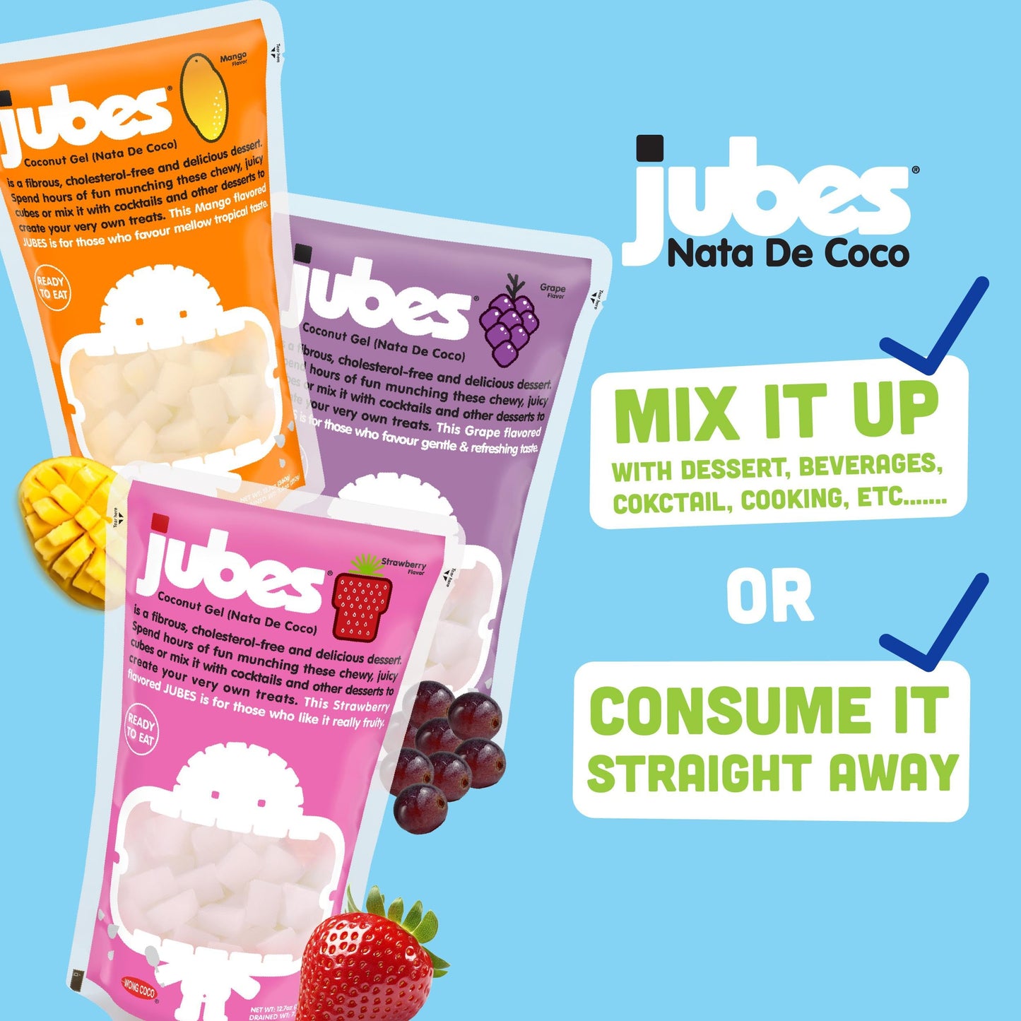 Jubes Mango Nata De Coco Jelly Cubes (12.7 oz, Pack of 6) - Mango Coconut Jelly Cubes for Sago - Coconut Gel in Syrup Toppings f