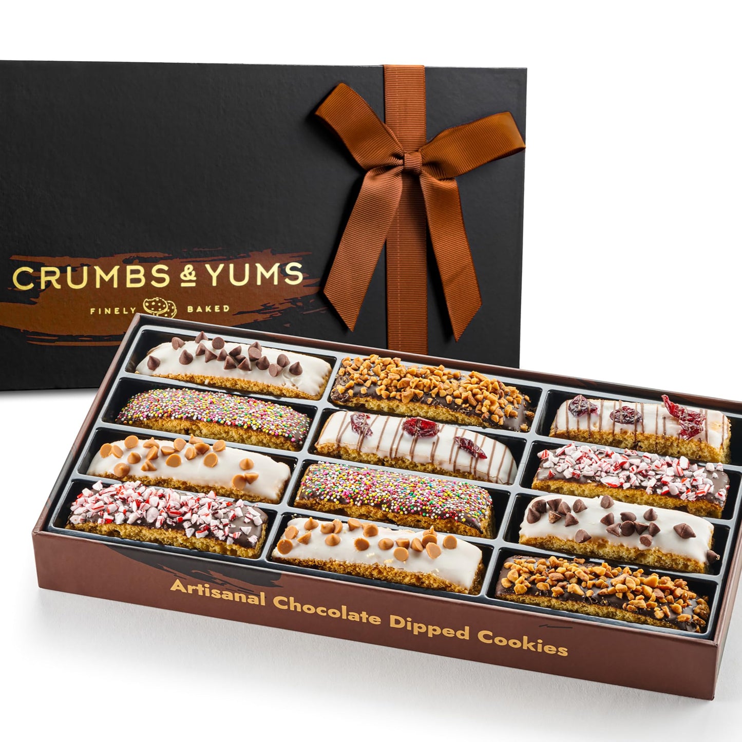 Valentines Day Cookies Gift Basket - 12 Gourmet Chocolate Covered Biscotti With Assorted Toppings - Assorted Food Gift Box For Fathers Day Mothers Day Family Sympathy Men & Women.