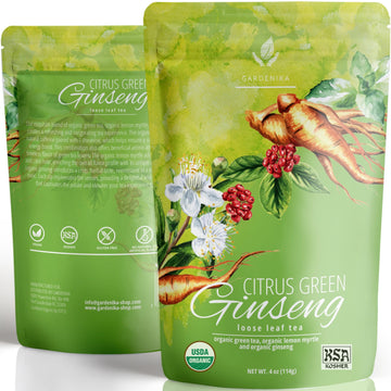 Gardenika Organic Green Loose Leaf Tea With Ginseng And Lemon Myrtle - Kosher, No Natural Or Artificial Flavors - 4 Oz
