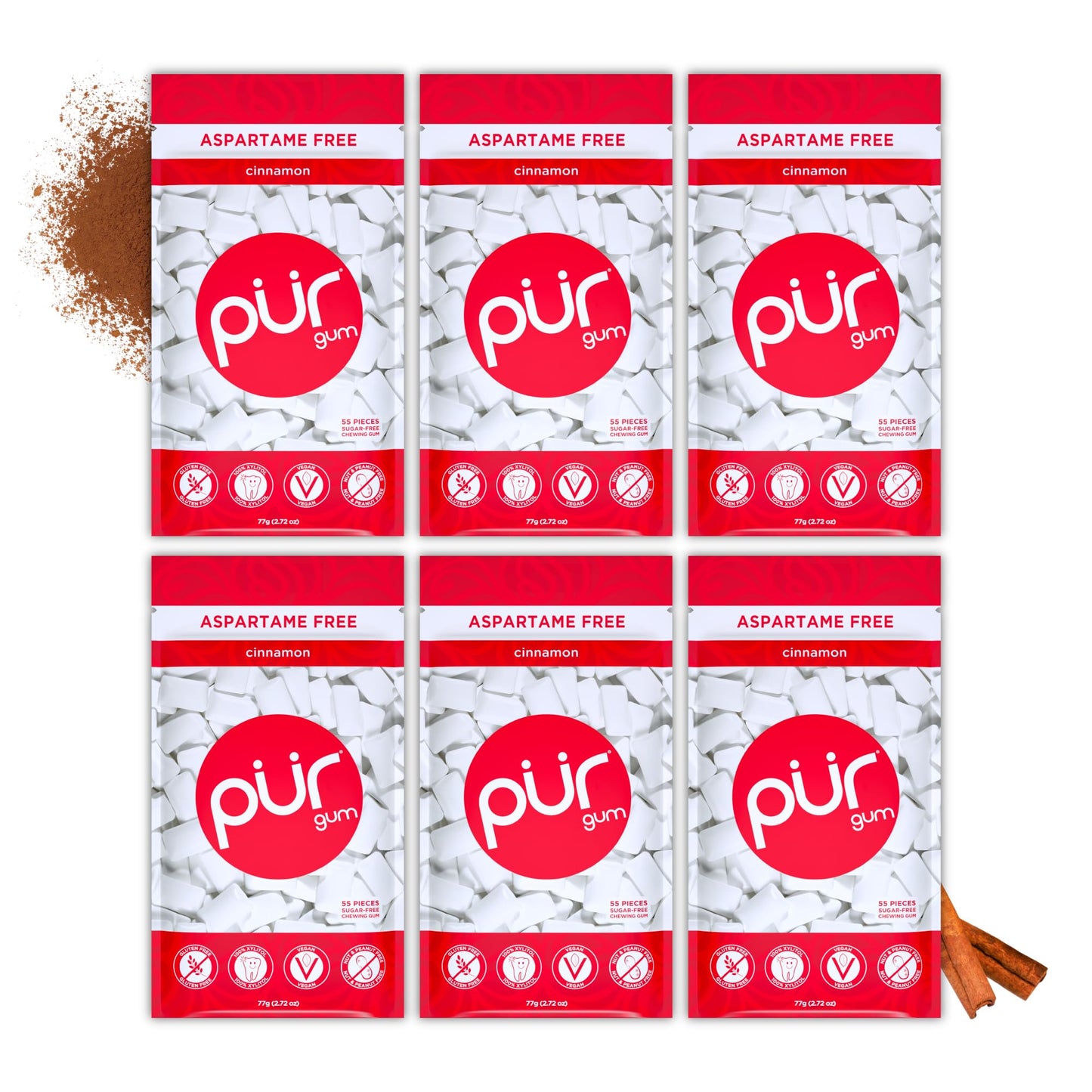 Pur Gum | Aspartame Free Chewing Gum | 100% Xylitol | Natural Cinnamon Flavored Gum, 55 Pieces (Pack Of 6)