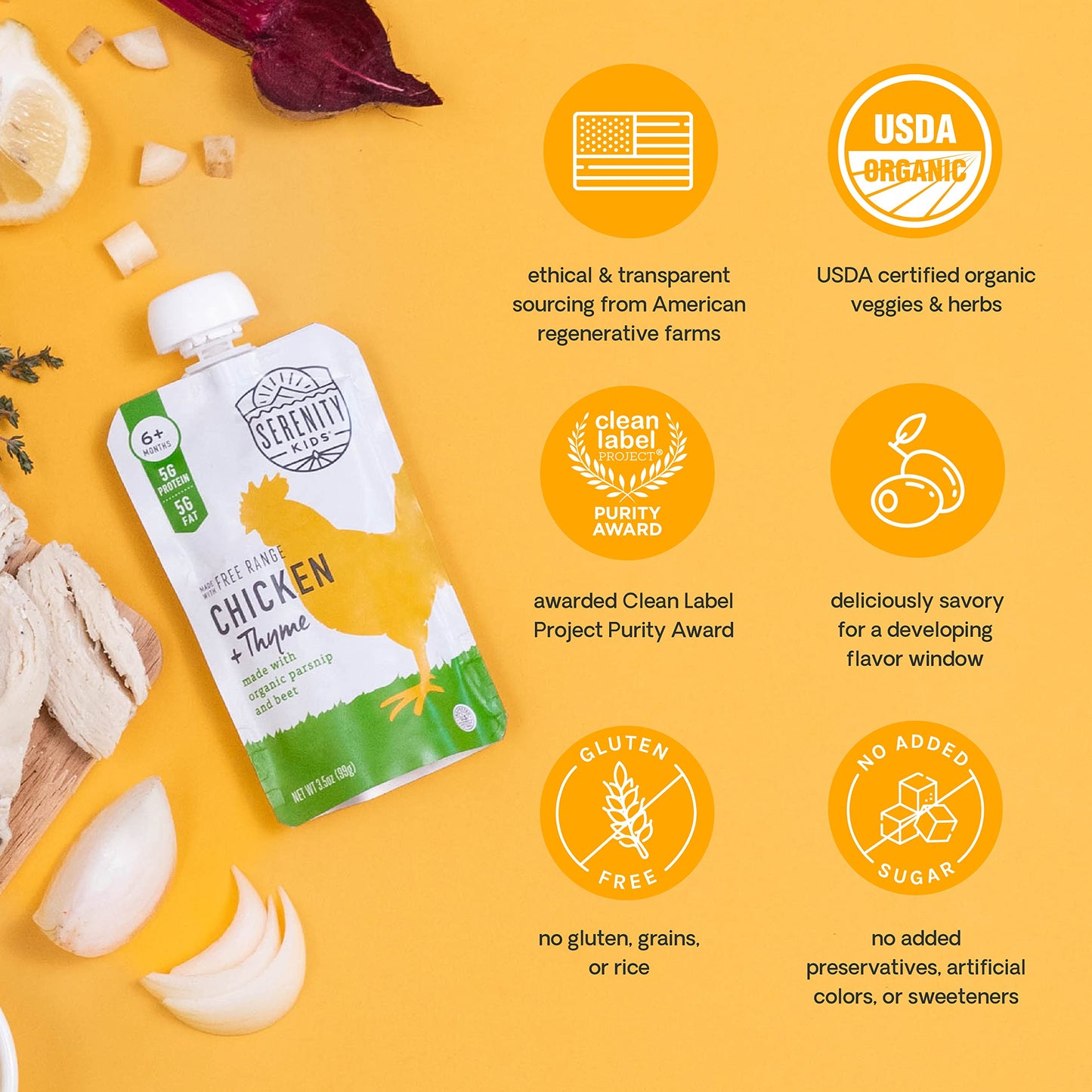 Serenity Kids 6+ Months Baby Food Puree - Ethically Sourced Meat & Organic Veggies - Parsnip, Beet, Free Range Chicken & Thyme -
