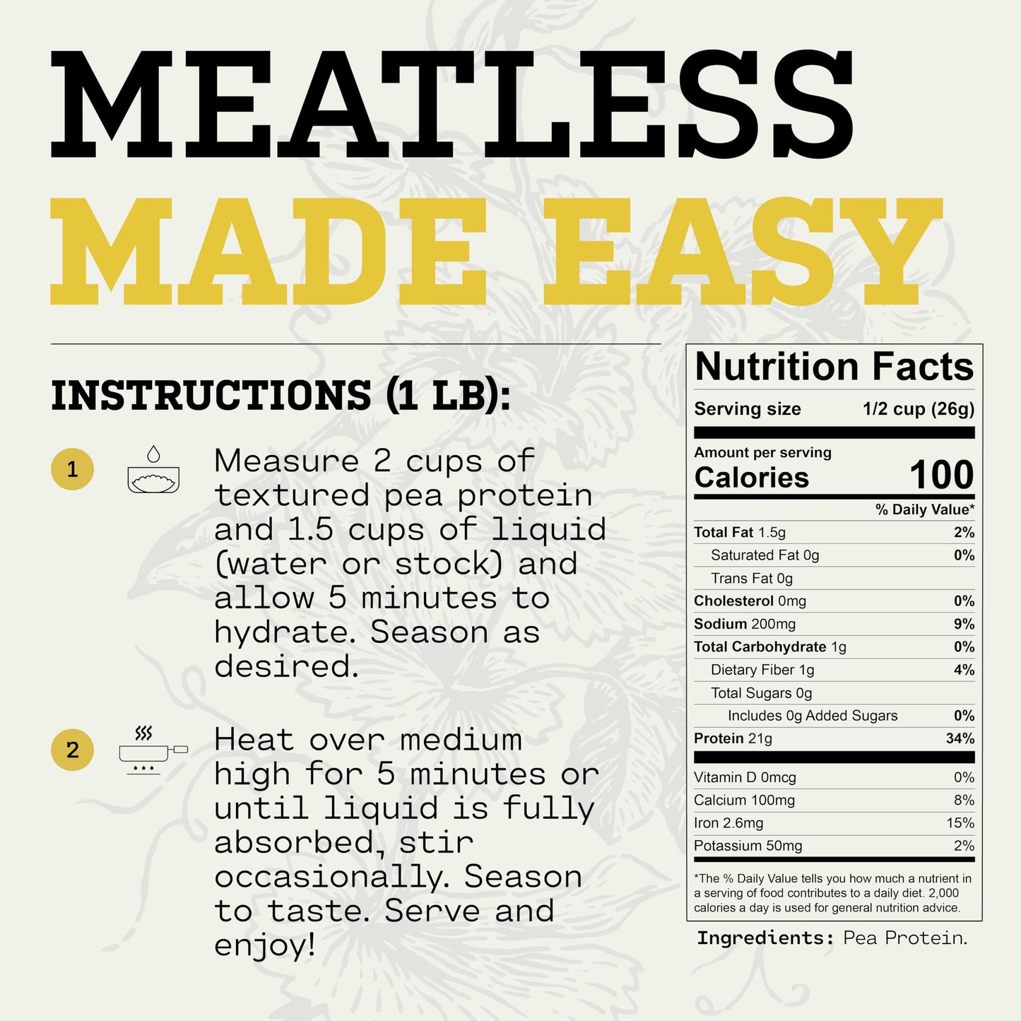 Acremade Textured Pea Protein, Unflavored Meatless Crumbles, Soy Free, Shelf-Stable, Gluten Free, 21G Of Protein, Plant-Based Ve