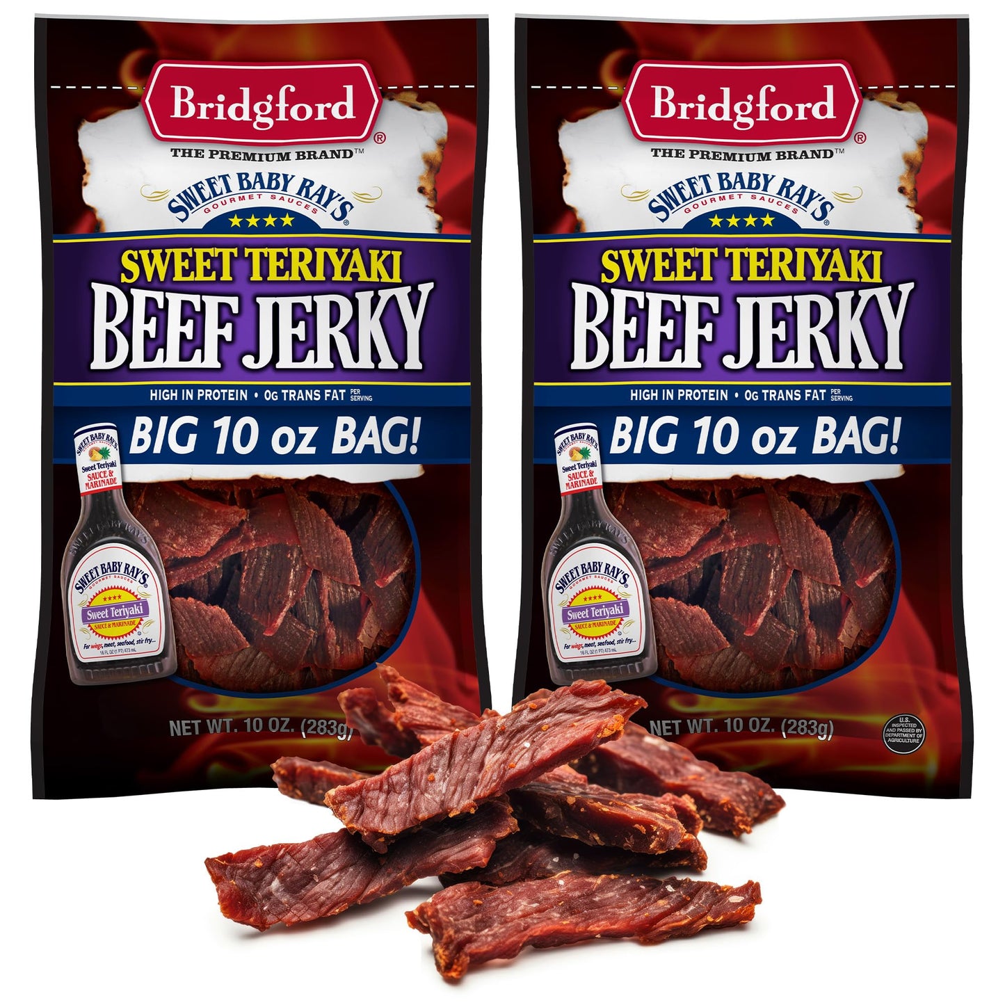 Bridgford Sweet Baby Rays Beef Jerky Sweet Teriyaki 10 Oz Pack Of 2 - High Protein Beef Jerky For Low Carb And High Protein Diet