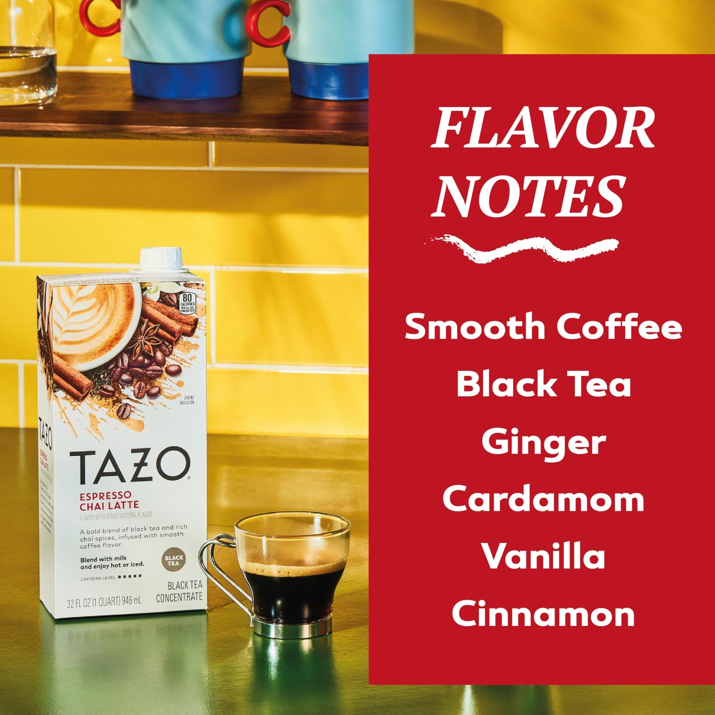 TAZO Espresso Chai Latte Black Tea Concentrate Easy to Serve Espresso Chai Tea for Everyday Cafe Style Lattes Hot or Iced Coffee-like experience Barista Approved 32oz Tea Mix Carton