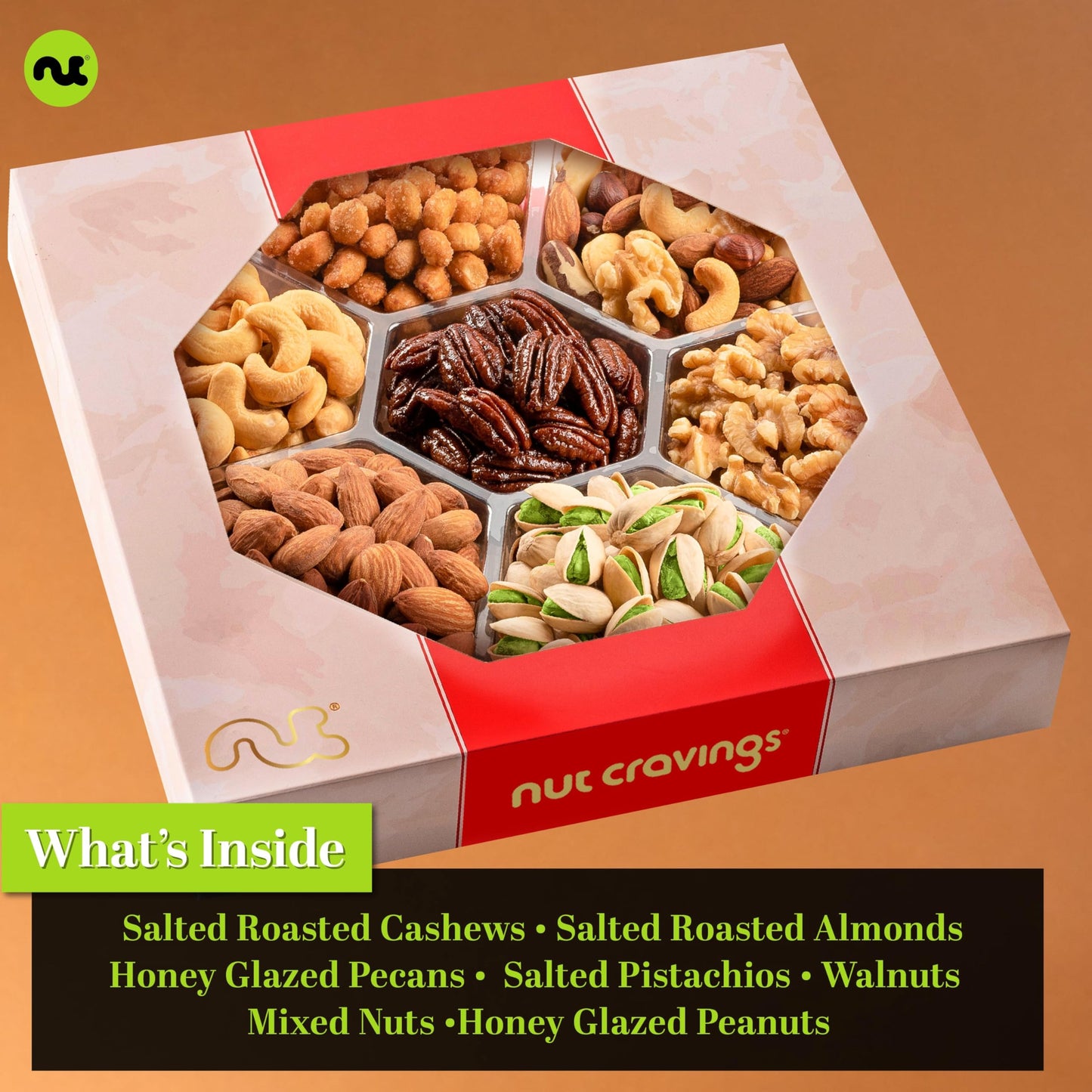 Nut Cravings Gourmet Collection - Mixed Nuts Gift Basket In Red Gold Box (7 Assortments, 1 Lb) Teacher Appreciation Arrangement