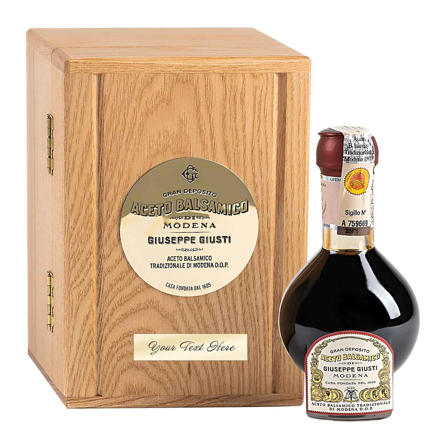 Giusti Custom-Engpartyd Traditional Aged Balsamic Vinegar Of Modena Dop - 12 Years Affinato Aceto Balsamico With Wooden Box And Personalized Golden Plate -Made In Italy Gift Set - 3.4 Fl Oz (100Ml)