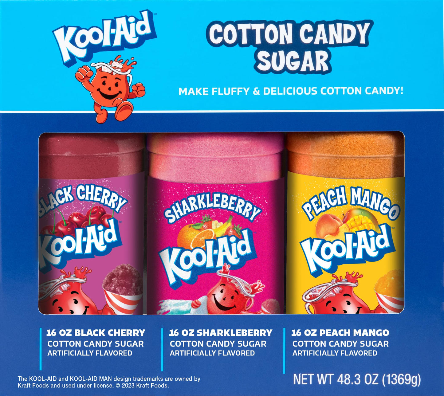 Nostalgia Kool-Aid Cotton Candy Flossing Sugar Party Kit 3-Pack, Black Cherry, Sharkleberry, Peach Mango, 3-16 Oz Bottles - 48 T