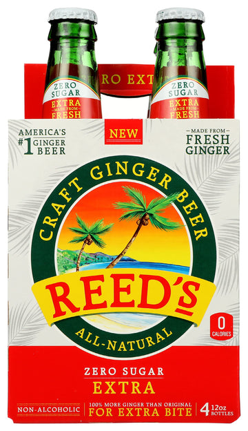 Reeds Ginger Brew Soda, Zero Sugar, 12 Fl Oz, 4 Pack